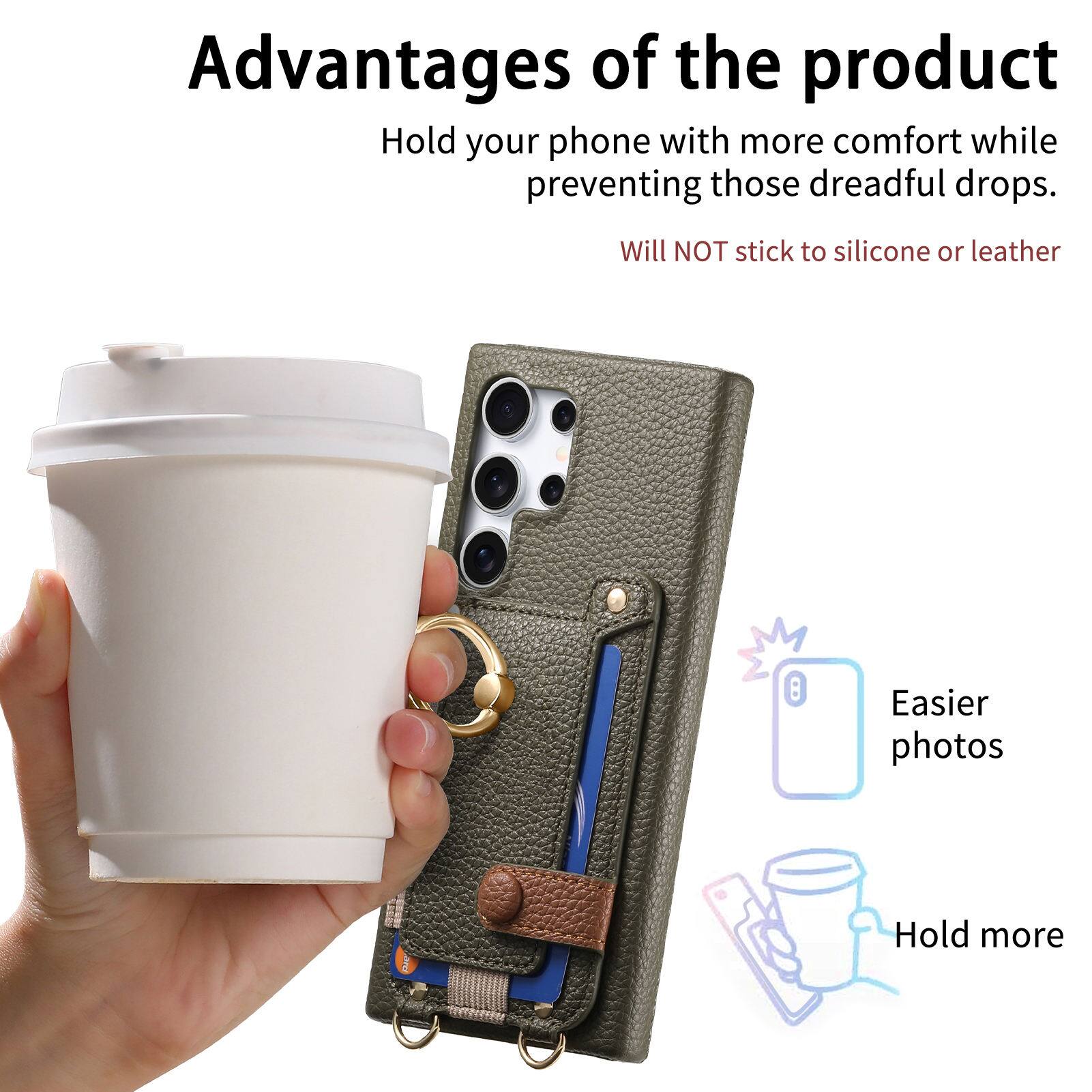 Advantages of the product

- Hold your phone with more comfort while preventing those dreadful drops.
- Will NOT stick to silicone or leather
- Easier photos
- Hold more