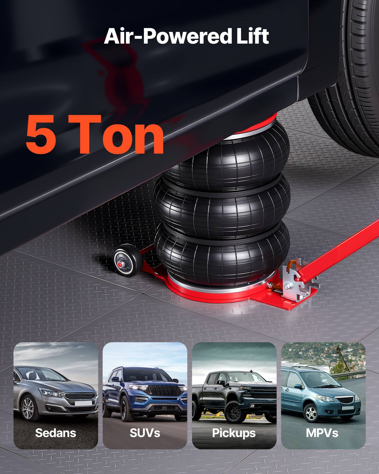 Air-Powered Lift  
5 Ton  
Sedans  
SUVs  
Pickups  
MPVs