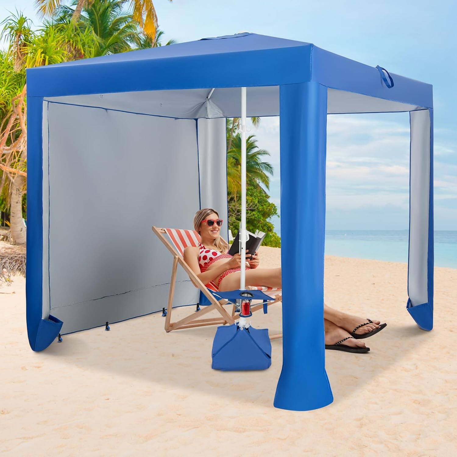 Alt View 1. Costway - Costway 6.6'x6.6' Beach Cabana, Portable Beach Shade Canopy with Sand Anchor, Cup Holders & Sandbags - Blue.