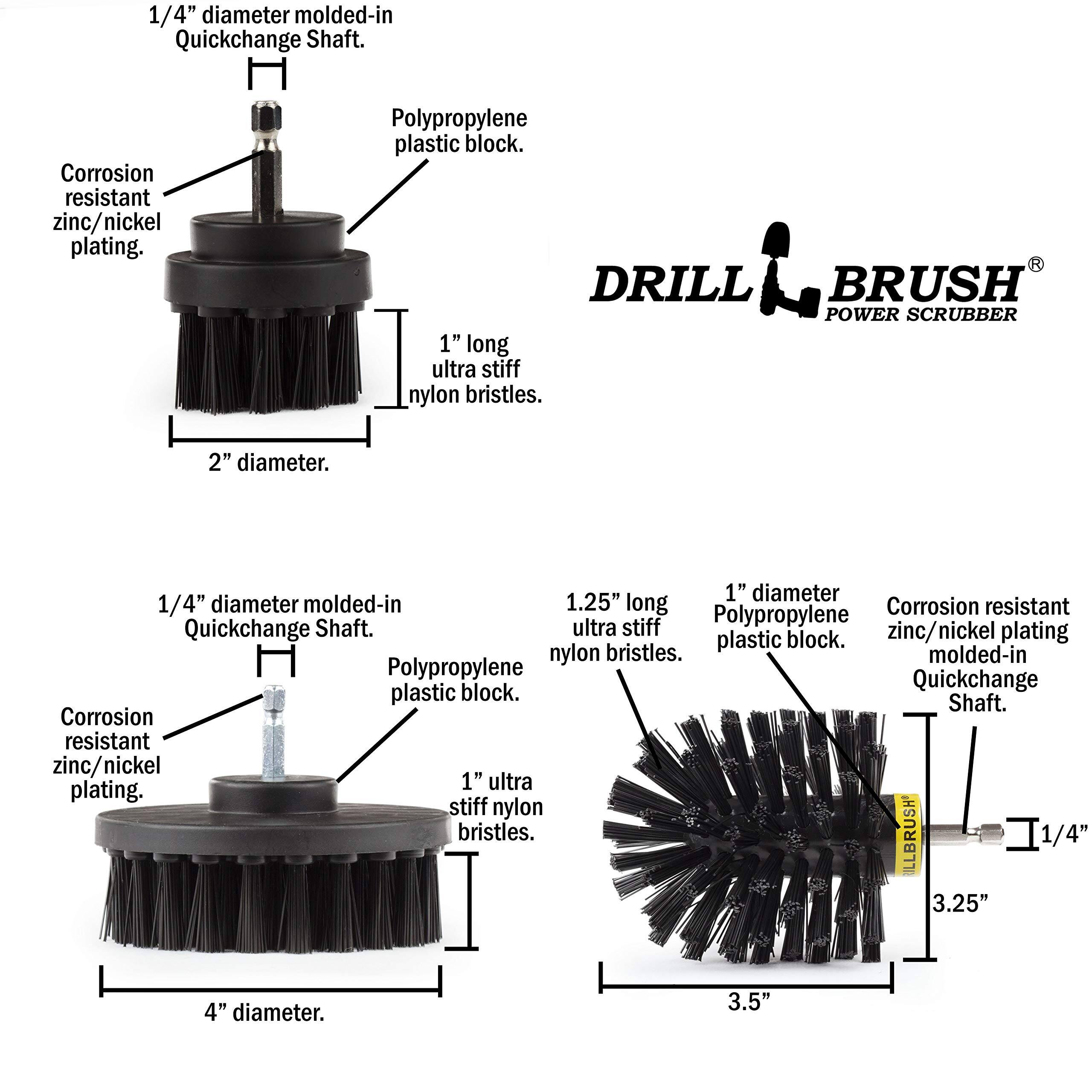 1/4" diameter molded-in Quickchange Shaft. Corrosion resistant zinc/nickel plating. Polypropylene plastic block. DRILL BRUSH POWER SCRUBBER 1" long ultra stiff nylon bristles. 2" diameter. 1" diameter 1/4" diameter molded-in 1.25" long Corrosion resistant ultra stiff Polypropylene Quickchange Shaft. zinc/nickel plating plastic block. nylon bristles. molded-in Polypropylene block. Quickchange plastic Shaft. Corrosion resistant zinc/nickel 1" ultra plating. stiff nylon bristles. ILLBRUSH' 1/4" 3.25" 4" diameter. 3.5"