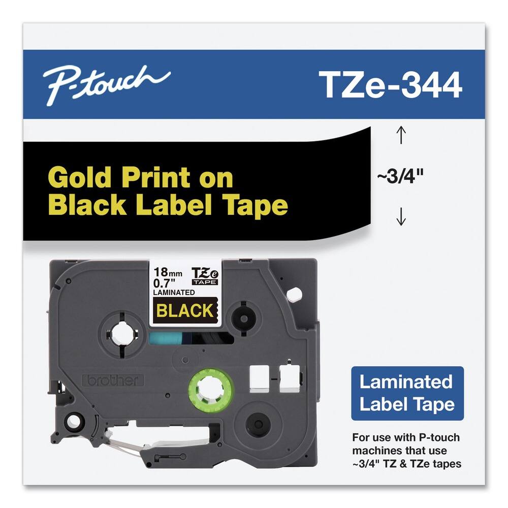 P-touch  
TZe-344  

Gold Print on Black Label Tape  

18mm 0.7" TZe TAPE LAMINATED BLACK  

Laminated Label Tape  

For use with P-touch machines that use ~3/4" TZ & TZe tapes