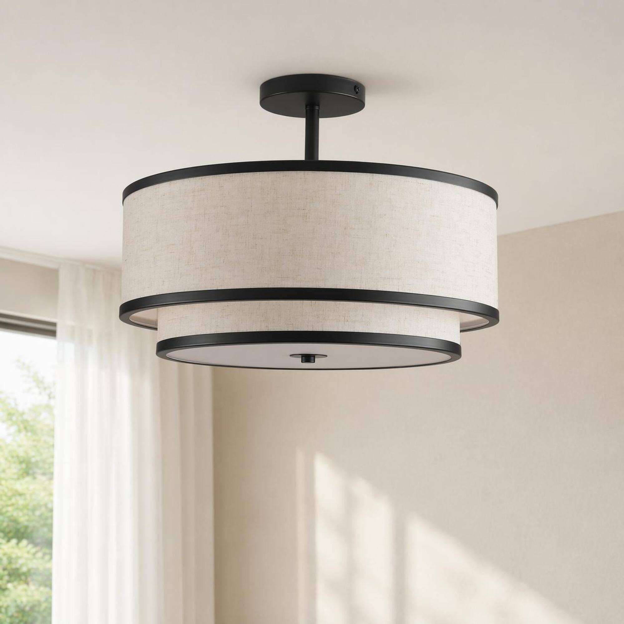 Front. RYHNUYNE - 15-Inch Flush Mount Ceiling Light with Linen Fabric Shades and Black Metal Accents for Living Room, Bedroom.