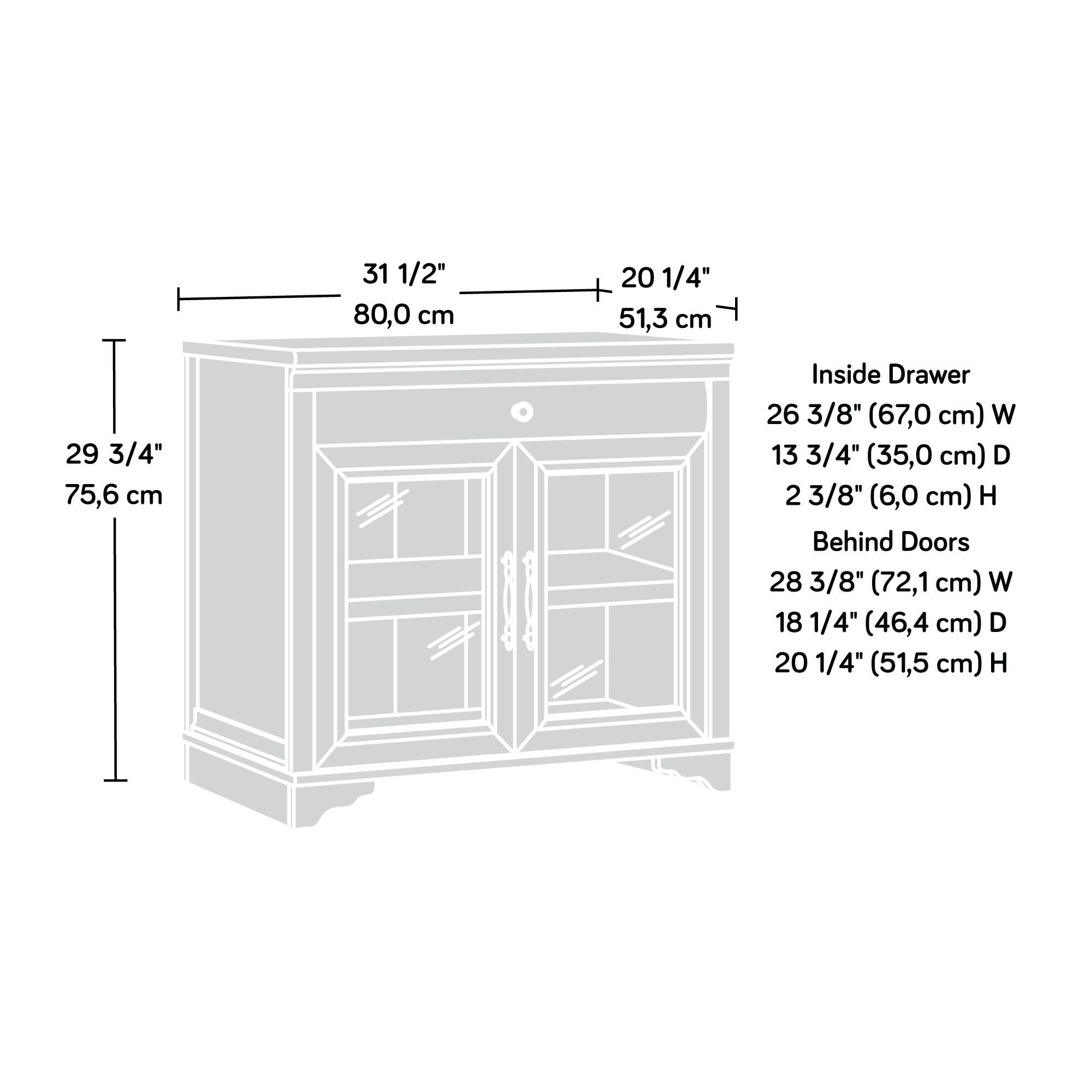 Sure, here is the corrected and grouped text:

---

**Dimensions:**

- **Width:** 31 1/2" (80,0 cm)
- **Depth:** 20 1/4" (51,3 cm)
- **Height:** 29 3/4" (75,6 cm)

**Inside Drawer:**
- **Width:** 26 3/8" (67,0 cm)
- **Depth:** 13 3/4" (35,0 cm)
- **Height:** 2 3/8" (6,0 cm)

**Behind Doors:**
- **Width:** 28 3/8" (72,1 cm)
- **Depth:** 18 1/4" (46,4 cm)
- **Height:** 20 1/4" (51,5 cm)

---