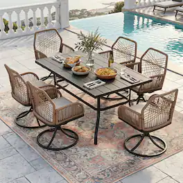 Nuu Garden - Outdoor 7PCS Dining Set, Swivel Chairs with Beige Cushions - Twisted Rattan
