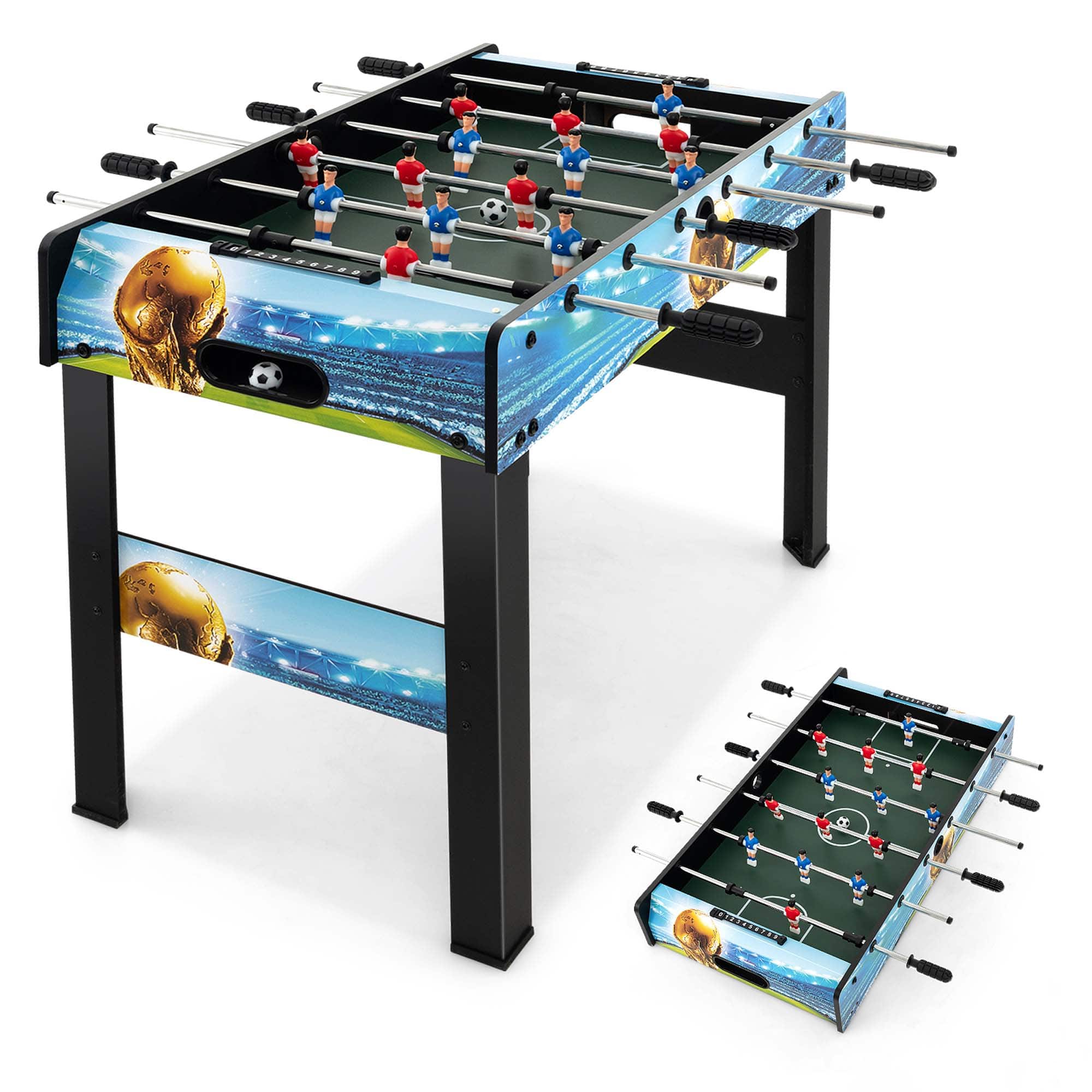 Front. Costway - 37 Inches Foosball Table with Removable Legs, 2 Balls and 2 Manual Scorers - Black + Blue.