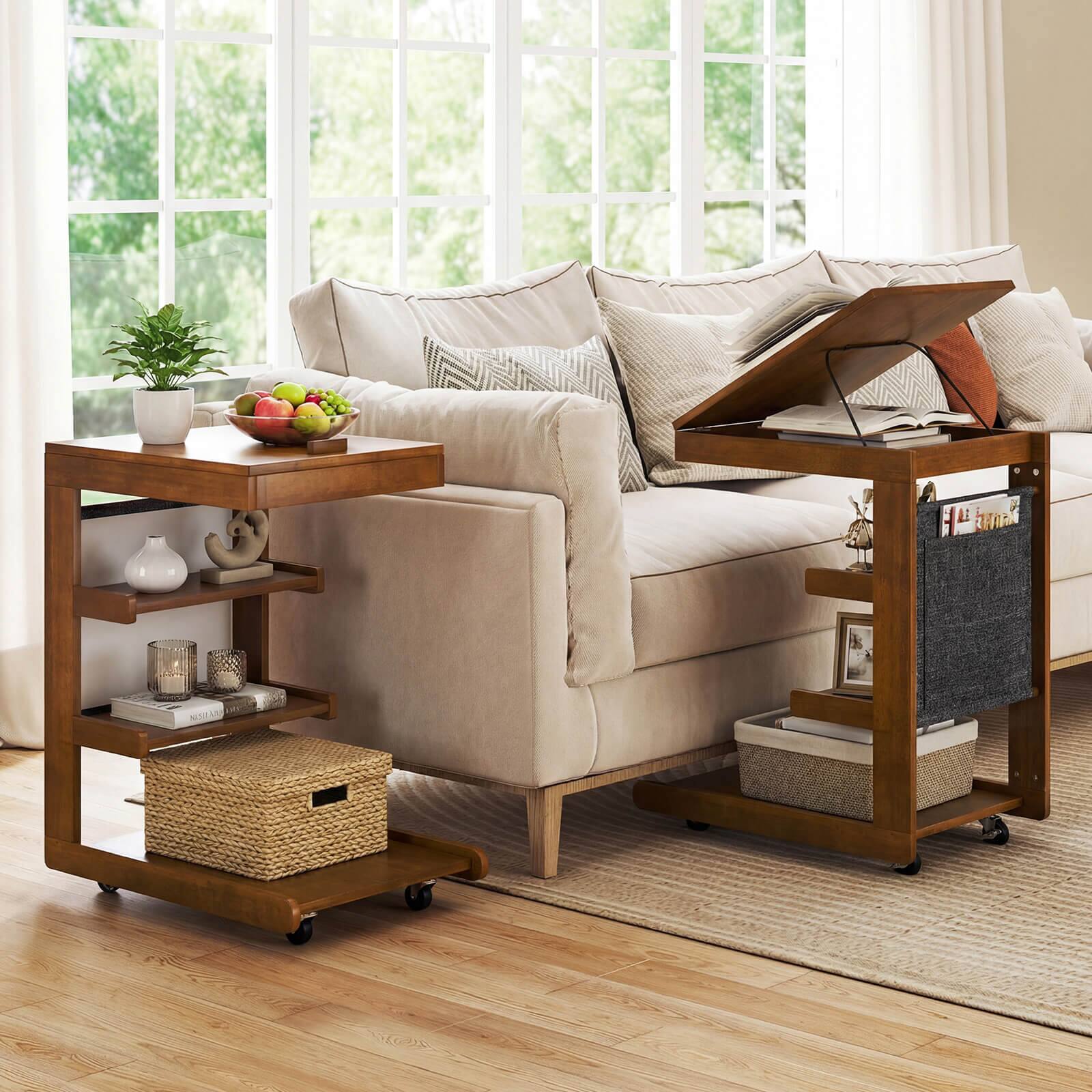 Alt View 4. Costway - Costway 1 PCS C-shaped End Table with Wheels, Adjustable Desktop, Edge Stopper, Storage Pocket - Brown.
