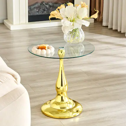 Front. Anysun - Small Metal Side Table – Modern Round-Edge Table with Tempered Glass Top – Approx. 19.6" Diameter - Gold.