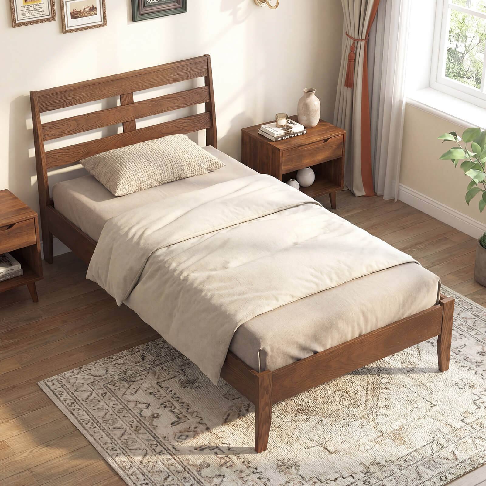 Alt View 1. Costway - Costway Twin Size Wood Bed Frame with Slat Headboard Under-Bed Storage Space Caramel - Brown.