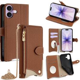 Dteck - Crossbody Wallet Case for Apple iPhone 17, Elegant Zipper PU Leather Folio Stand Protective Cover, Built-in Mini Mirror - Brown