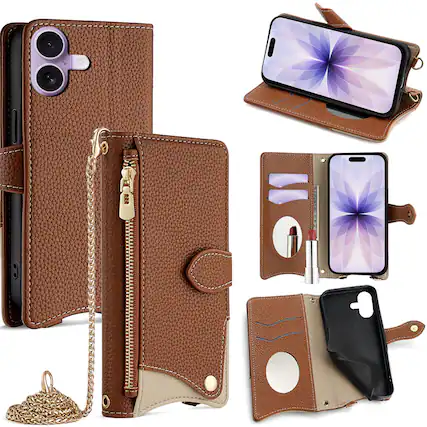 Front. Dteck - Crossbody Wallet Case for Apple iPhone 17, Elegant Zipper PU Leather Folio Stand Protective Cover, Built-in Mini Mirror - Brown.