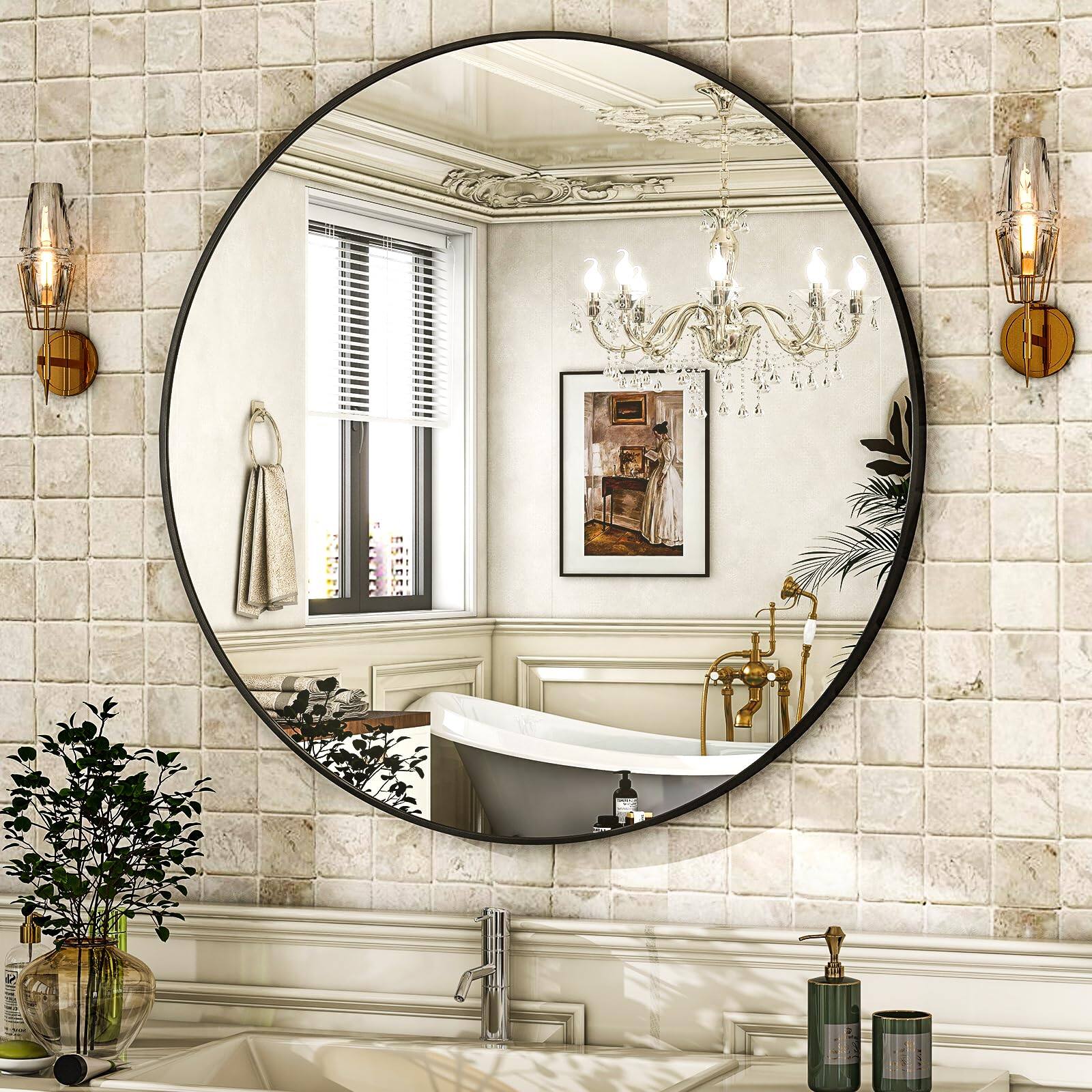 Left. Live At Space - Round Mirror 24 Black Wall Mounted Circle Mirrors Vanity with Brushed Aluminum Alloy Frame Modern Decoration for - Black-20"L x 20"W.