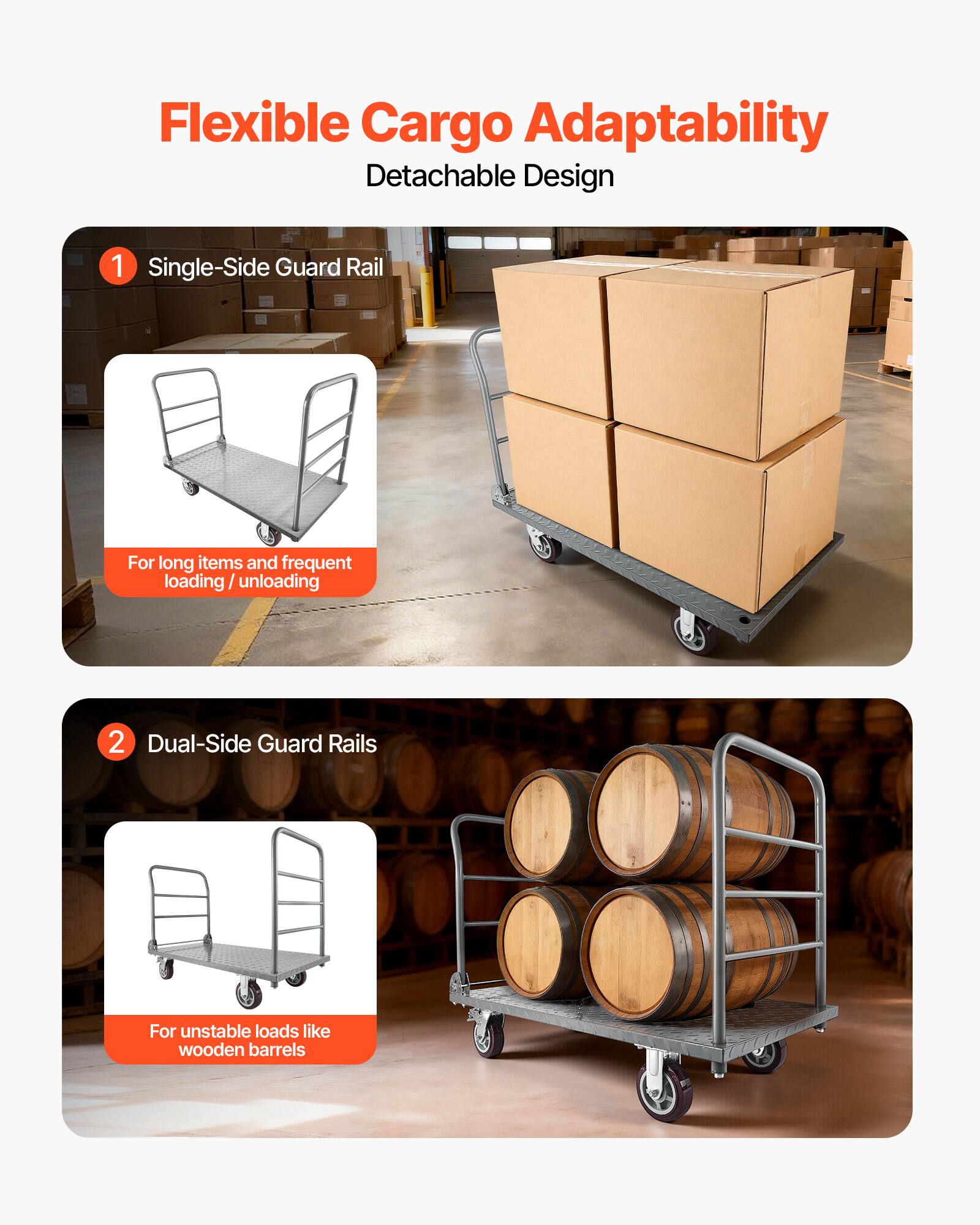 Flexible Cargo Adaptability  
Detachable Design  

1. Single-Side Guard Rail  
For long items and frequent loading / unloading  

2. Dual-Side Guard Rails  
For unstable loads like wooden barrels