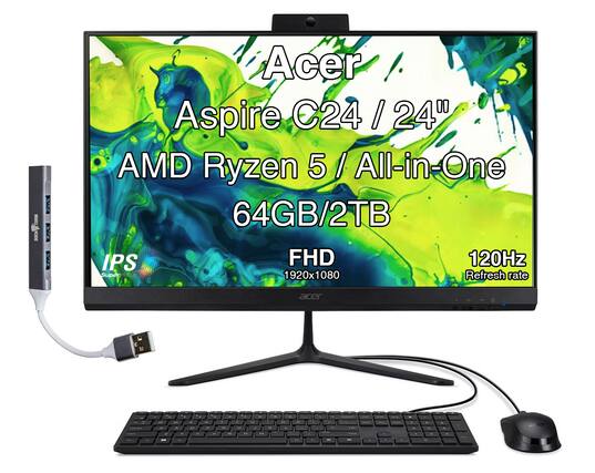 Acer Aspire C24 / 24" / 24"0 AMD Ryzen 5 / All-in-One / 64GB/2TB IPS FHD 120Hz SuperE SAR 1920x1080 Refresh rate