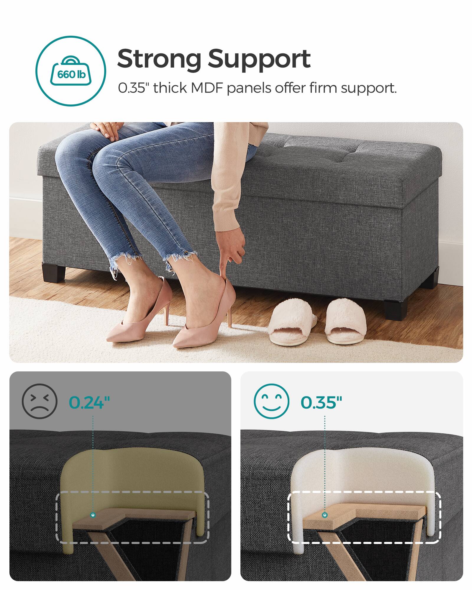 660 lb Strong Support  
0.35" thick MDF panels offer firm support.  
0.24"  
0.35"