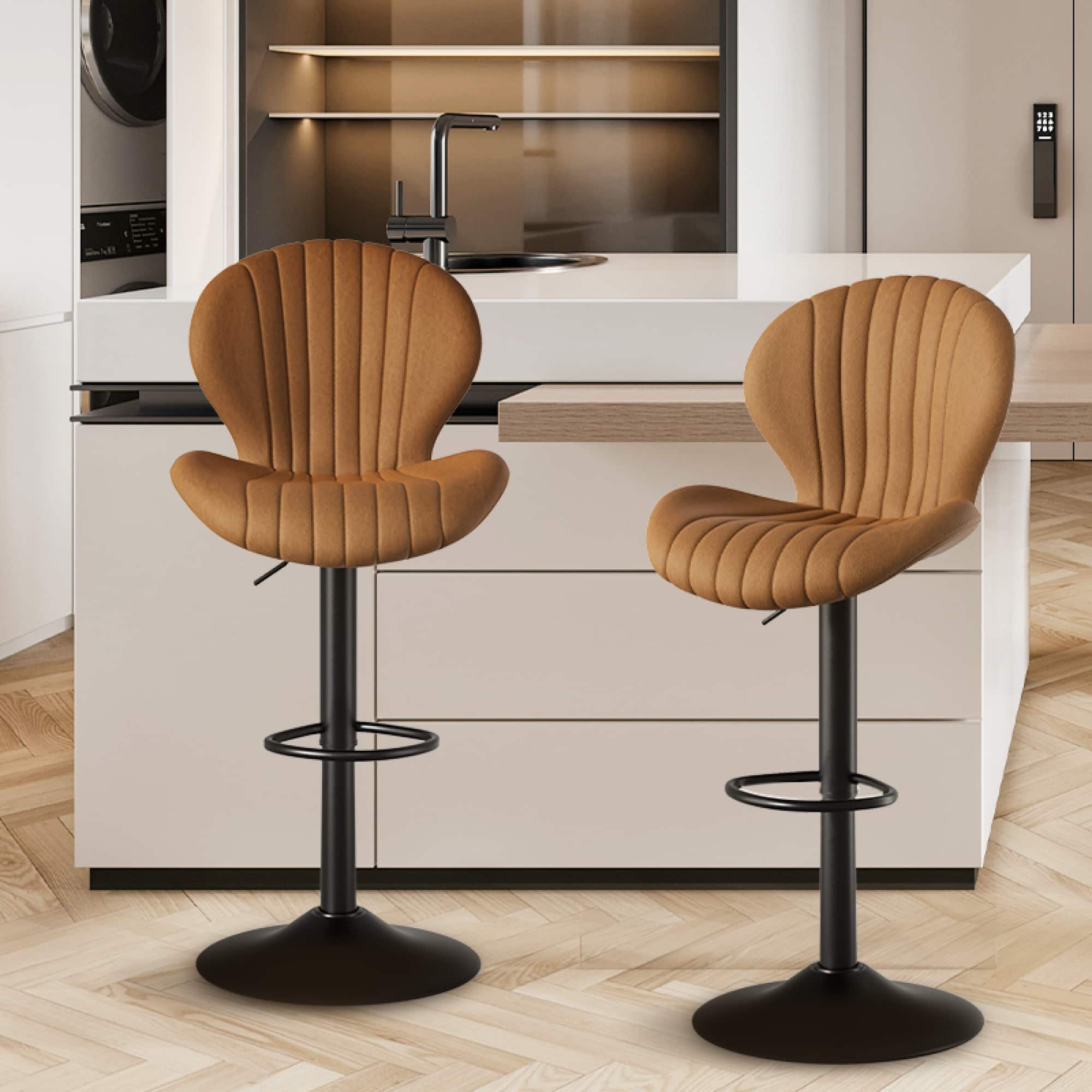 HTUTWOO - 360° Swivel Bar Stools Set of 2, Adjustable Counter Stools, Faux Leather Bar Chairs with Pedal and Backrest for Kitchen - Brown
