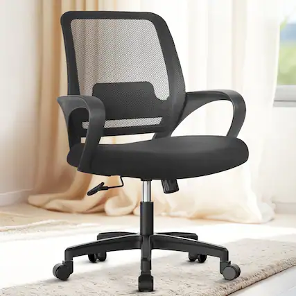 Front. Neo Chair - Ergonomic Office Chair, Mesh Desk Chair with Lumbar Support, Mid-Back, Armrests & Swivel Base - Black.