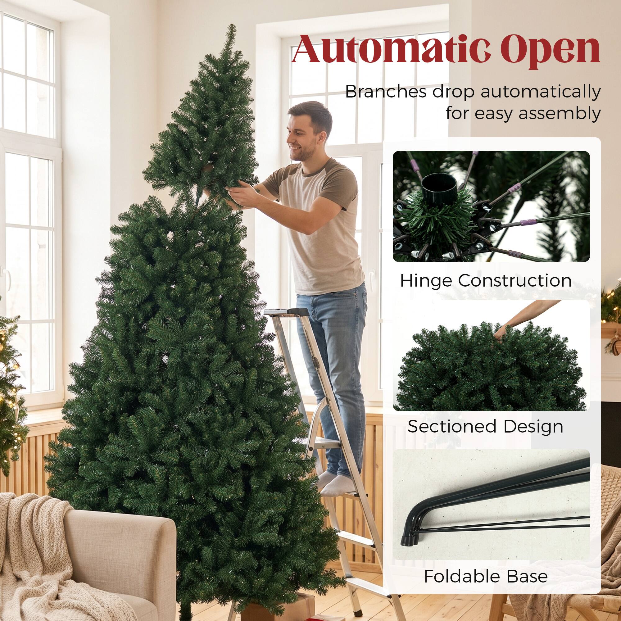 Automatic Open  
Branches drop automatically for easy assembly  

Hinge Construction  

Sectioned Design  

Foldable Base
