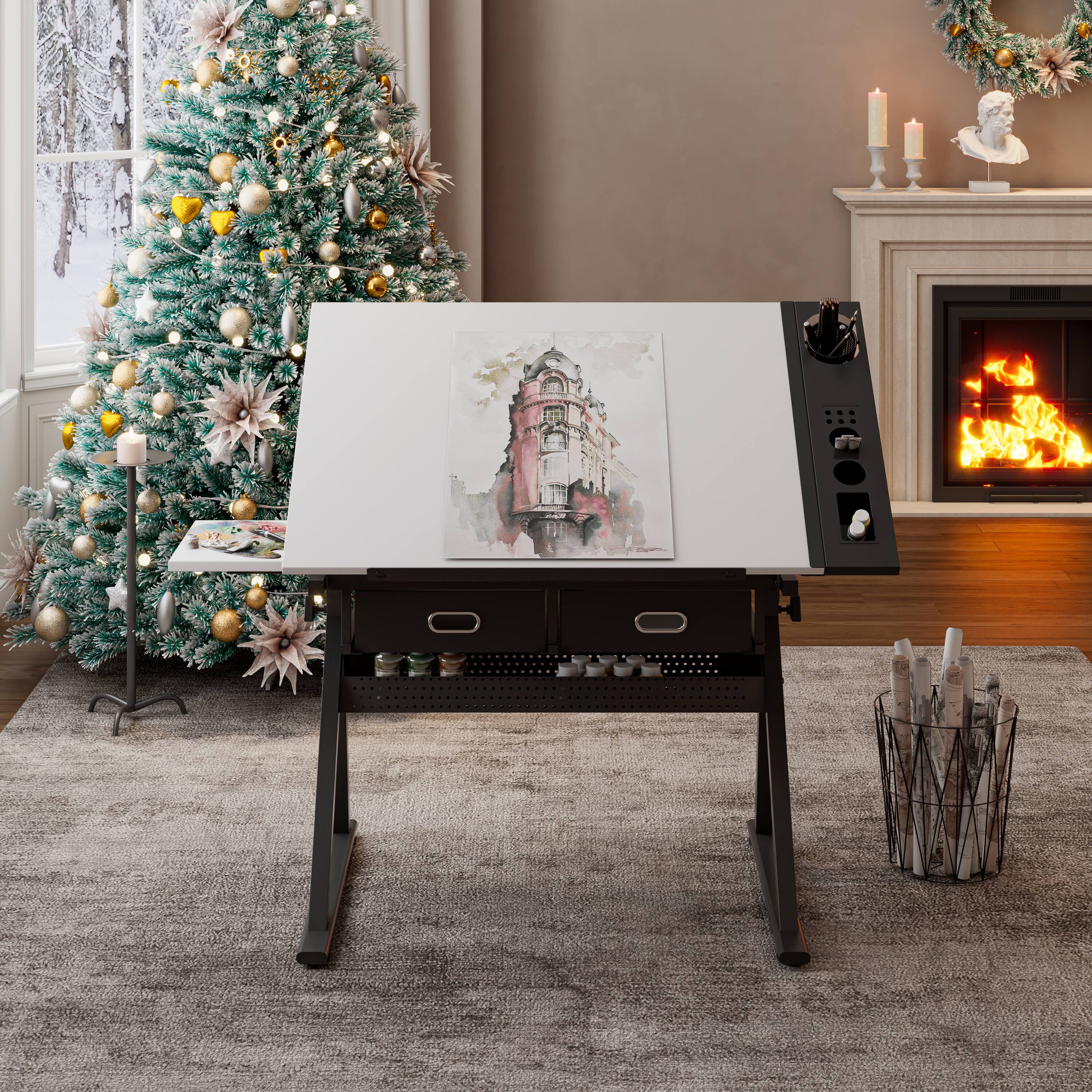 Angle. TinyHomie - Adjustable drawing drafting table desk with 2 drawers for home office and school with stool white - White.