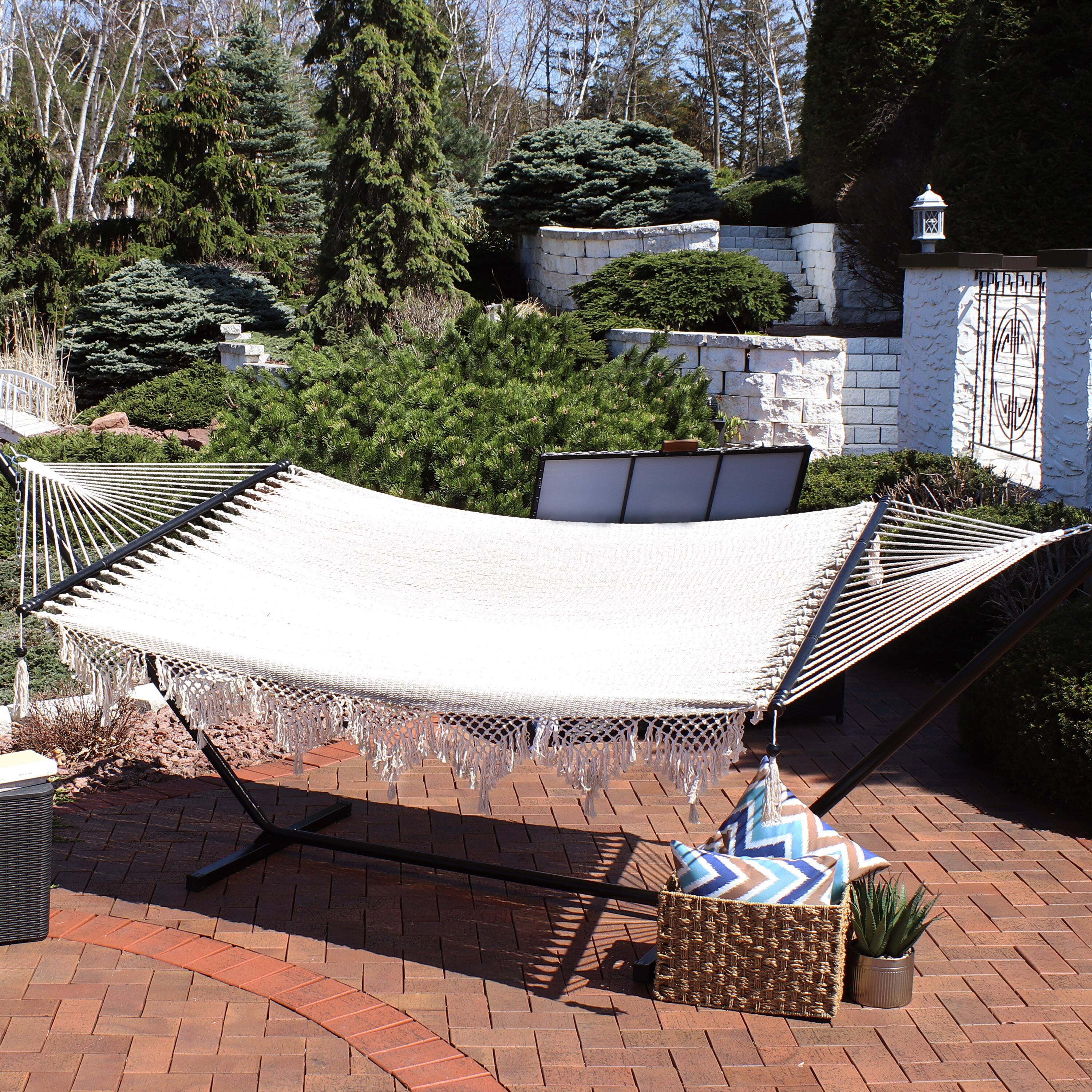 Alt View 3. Sunnydaze - 2-Person Woven Hammock with Spreader Bars and Fringe - Natural.