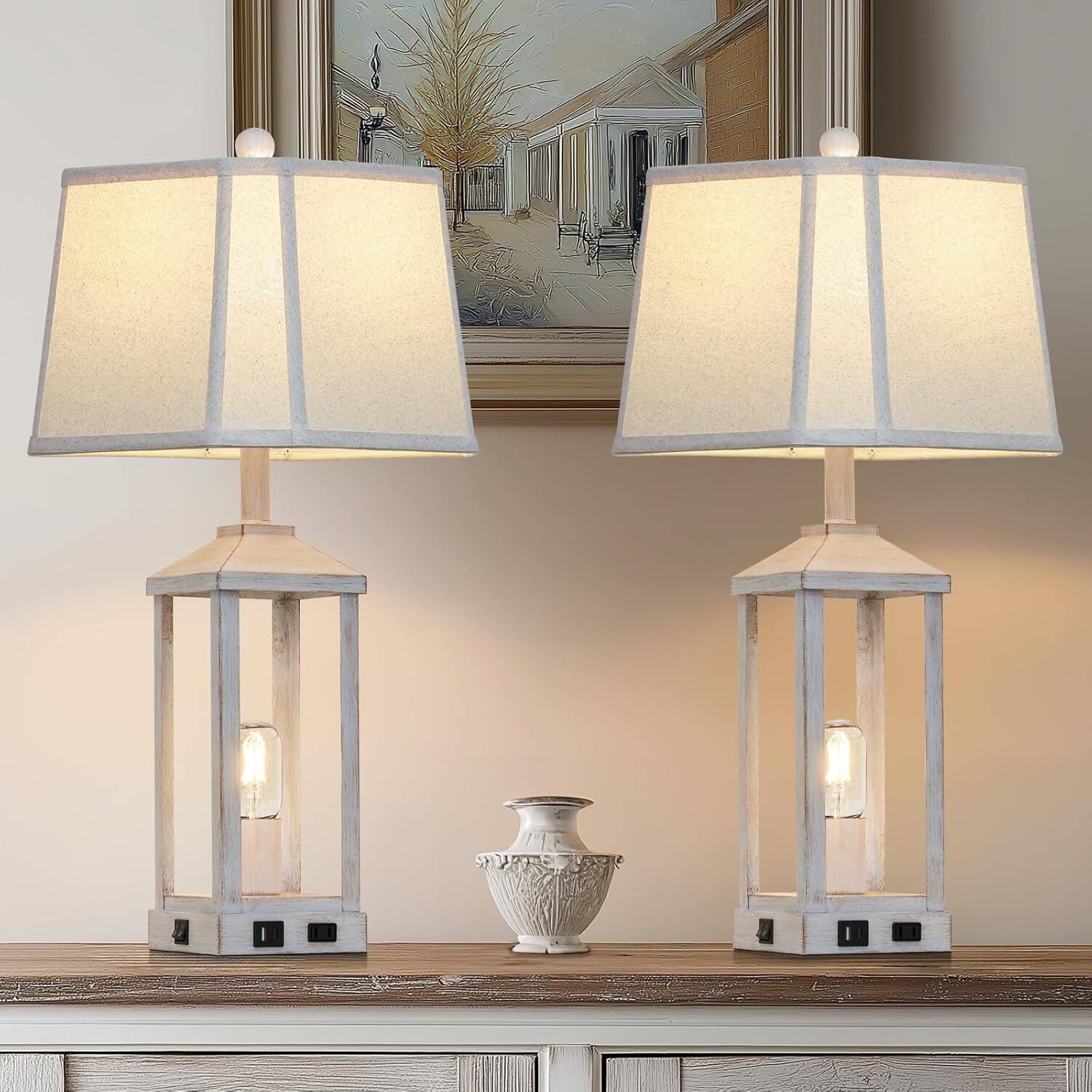 Back. Cozy Serene - White Lamp table lamp Vintage USB LED metal Lamps Living Room Farmhouse Industrial Nightstand with Outlet - Bronze.