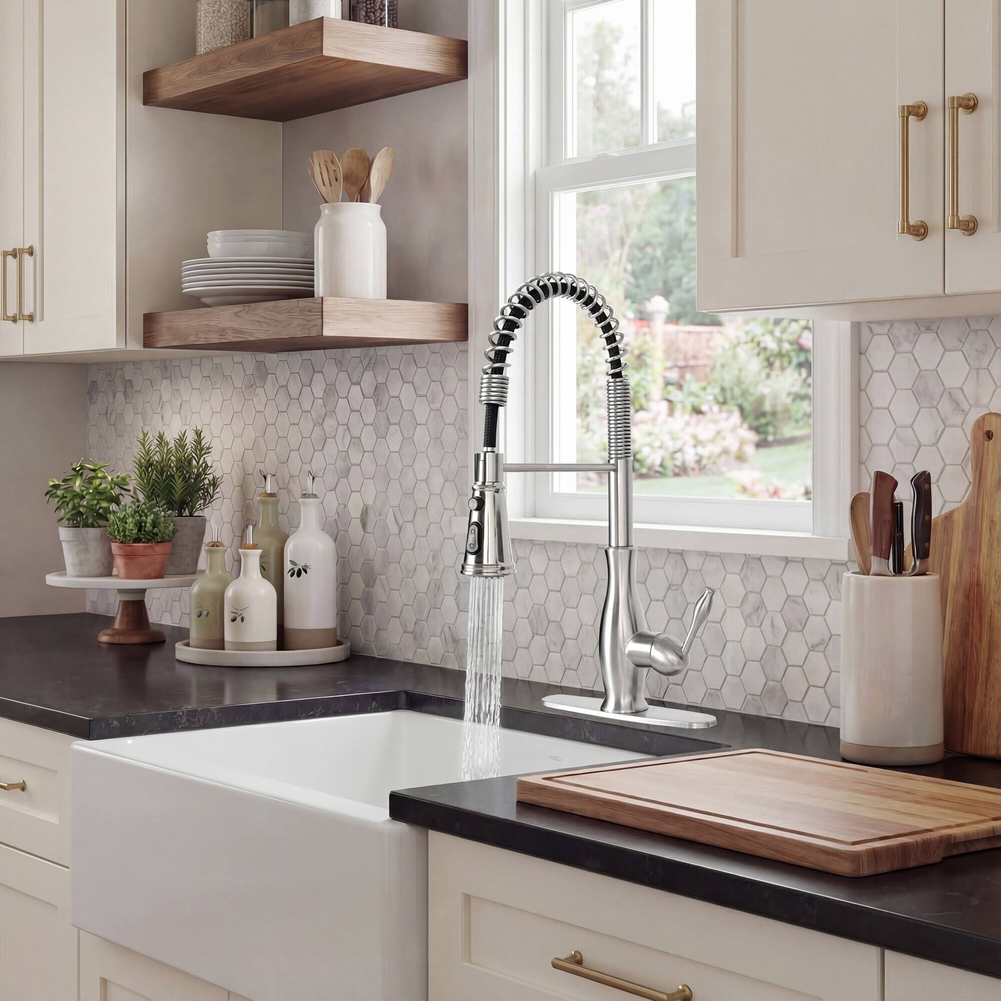 Alt View 7. Akicon - Akicon 3-Function Spring Single Handle Stainless Steel Kitchen Faucet with Pull Down Sprayer in Brushed Nickel - Brushed Nickel.