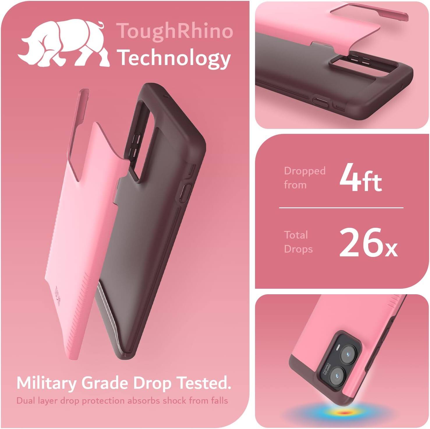 ToughRhino Technology

Dropped from 4ft  
Total Drops 26x

Military Grade Drop Tested.  
Dual layer drop protection absorbs shock from falls