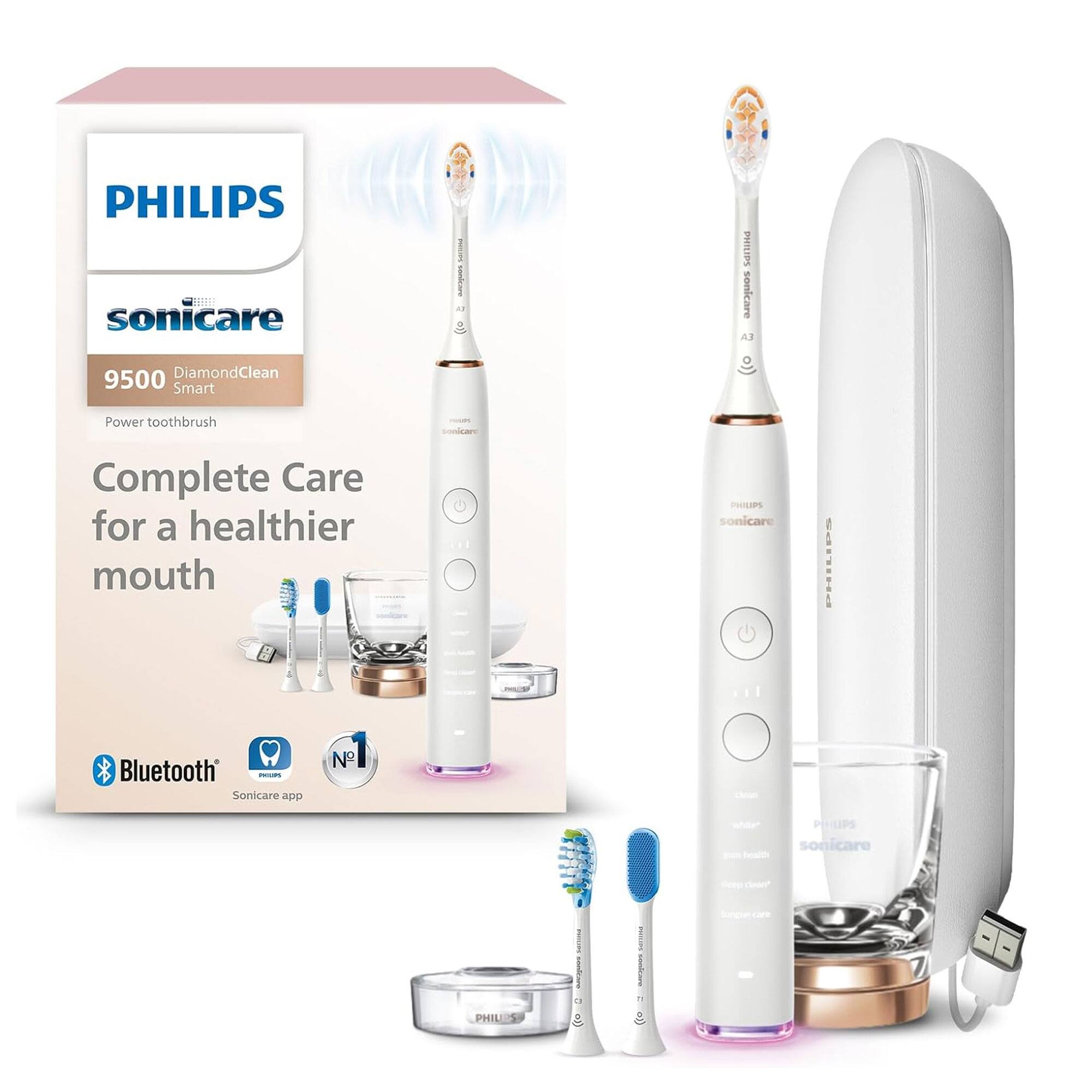 PHILIPS sonicare  
9500 DiamondClean Smart  
Power toothbrush  

Complete Care for a healthier mouth  

Bluetooth  
Sonicare app  

PHILIPS sonicare  
9500 DiamondClean Smart  
Power toothbrush  

Complete Care for a healthier mouth  

Bluetooth  
Sonicare app