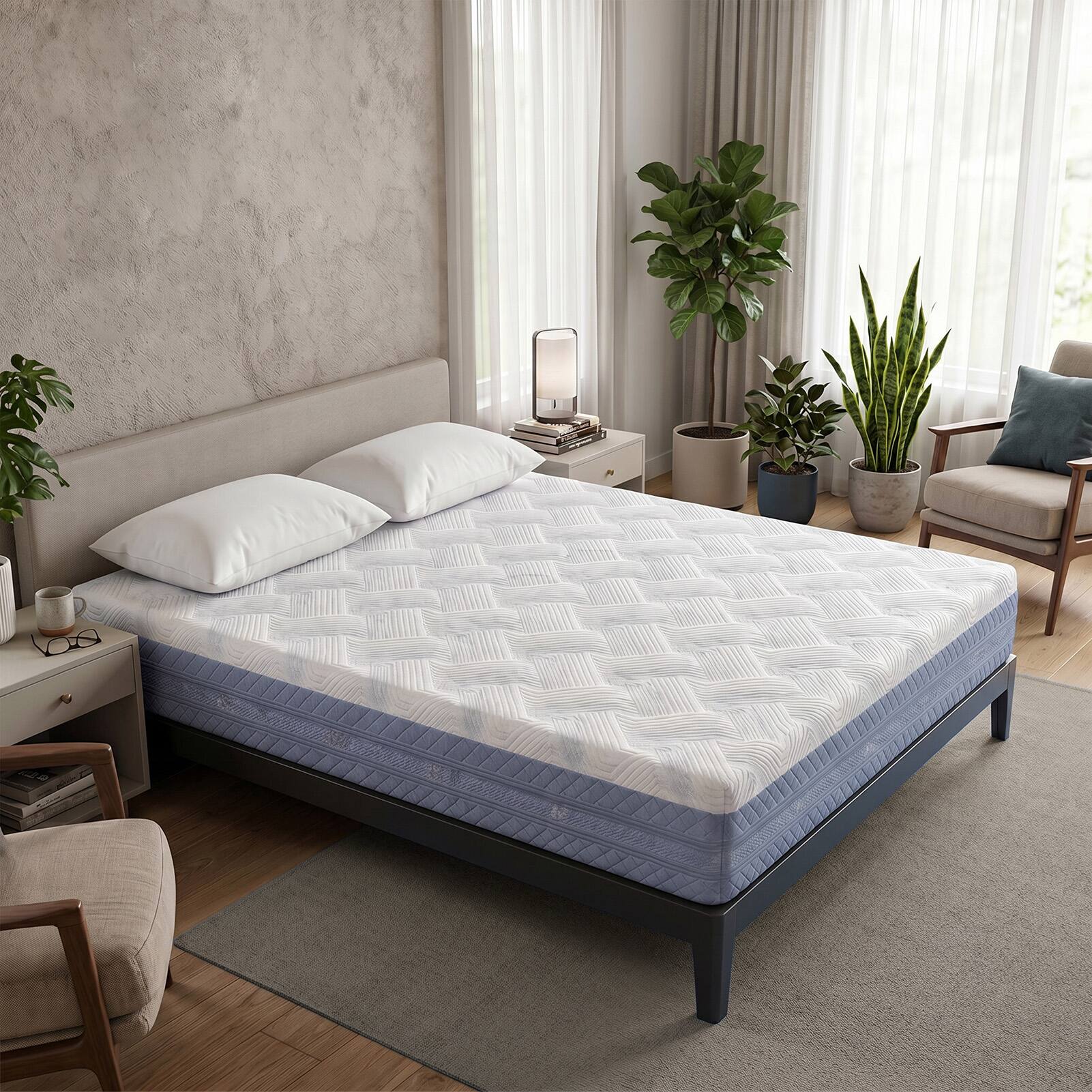 Front. FED Fitness - Queen Mattress,14 Inch High Density Soft Foam Mattress Comfortable Sleeping Bed Mattress - White/Blue.