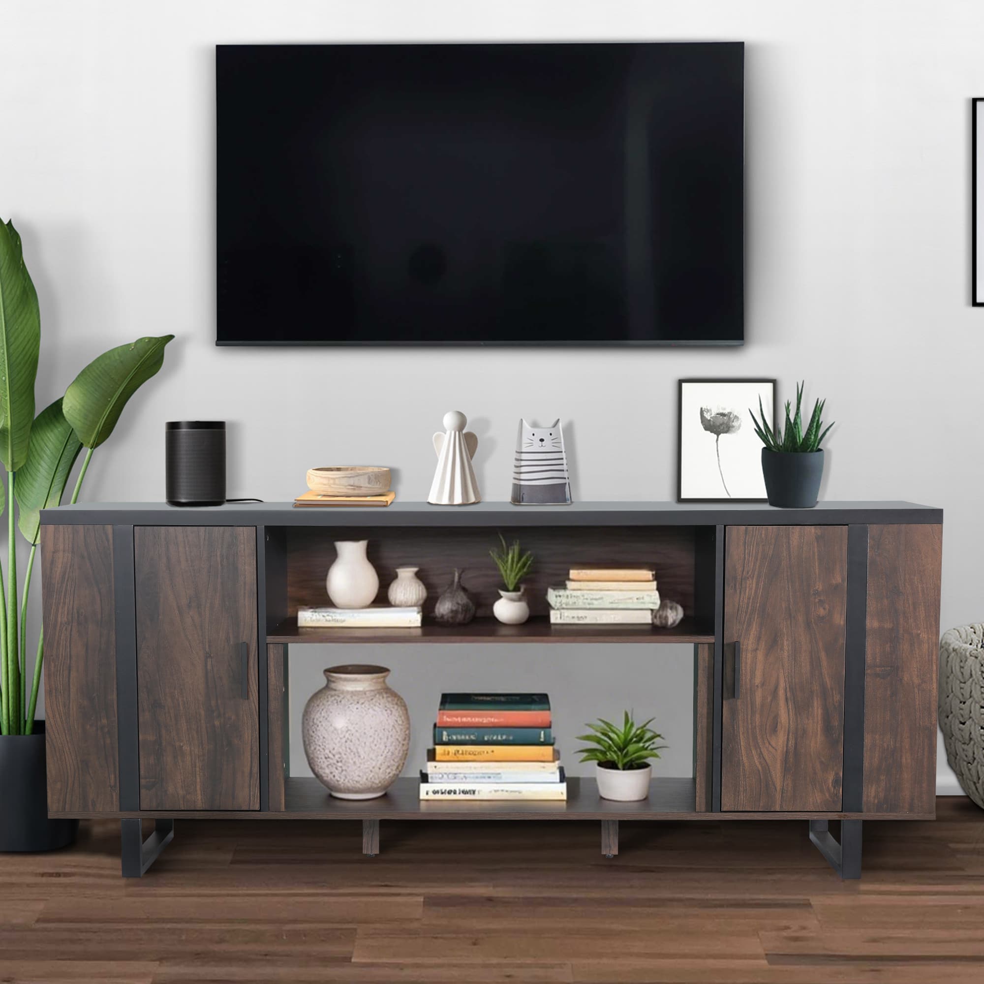 Ihomeadore - 72" Modern TV Stand Entertainment Center with Open Storage Shelves and Cabinets for TV up to 65" - Brown