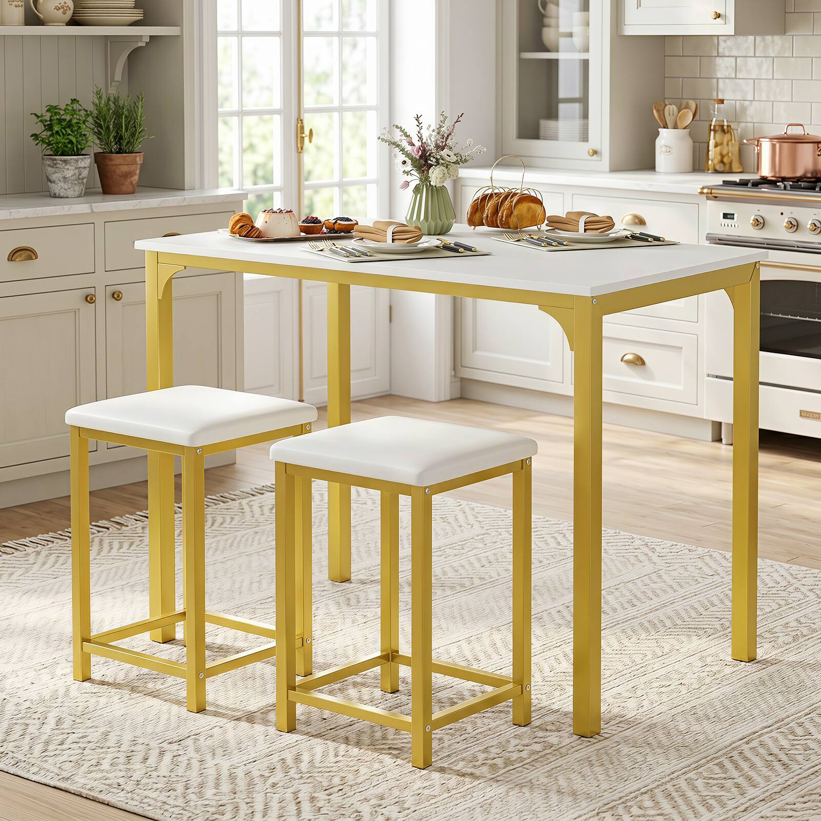 Alt View 4. Gymax - Gymax 3 PCS Counter Height Dining Set Faux Marble Table & 2 Chairs Kitchen Bar New White - White.