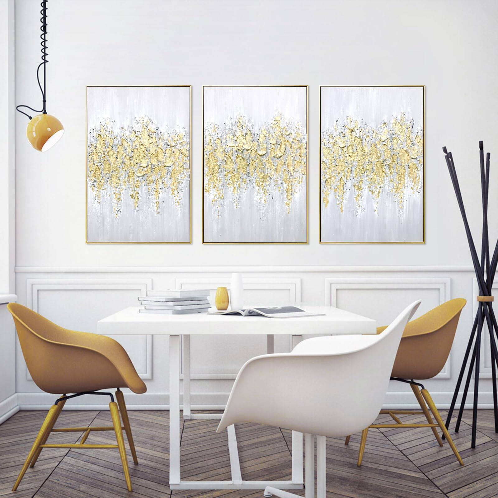 Alt View 3. Hanke - Abstract Wall Art Living room Framed Glam Hand painting Canvas Bedroom Decor 24 x 36 inches - Gold Triptych 1 12“ x 36" x 2pcs + 24" x 36" x1pcs.