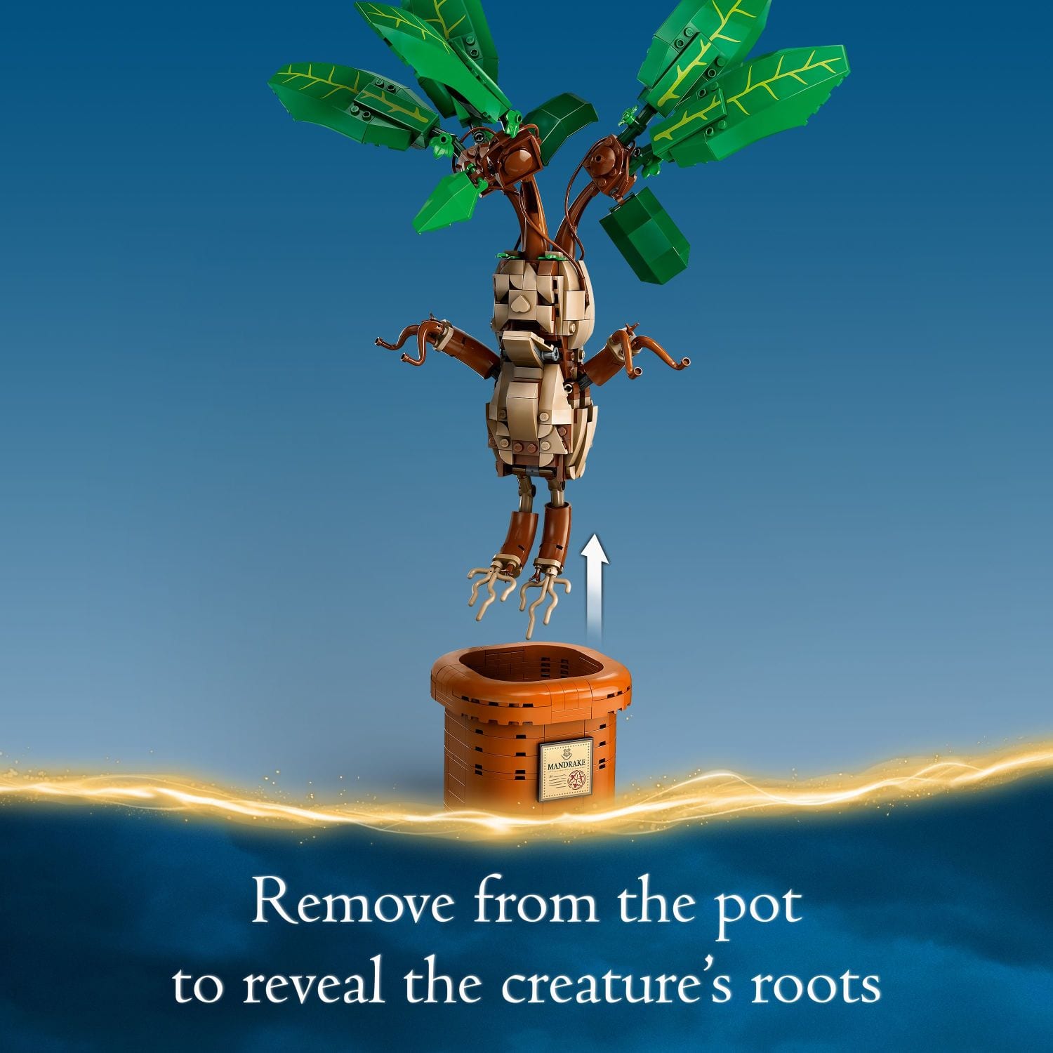 Remove from the pot to reveal the creature's roots.