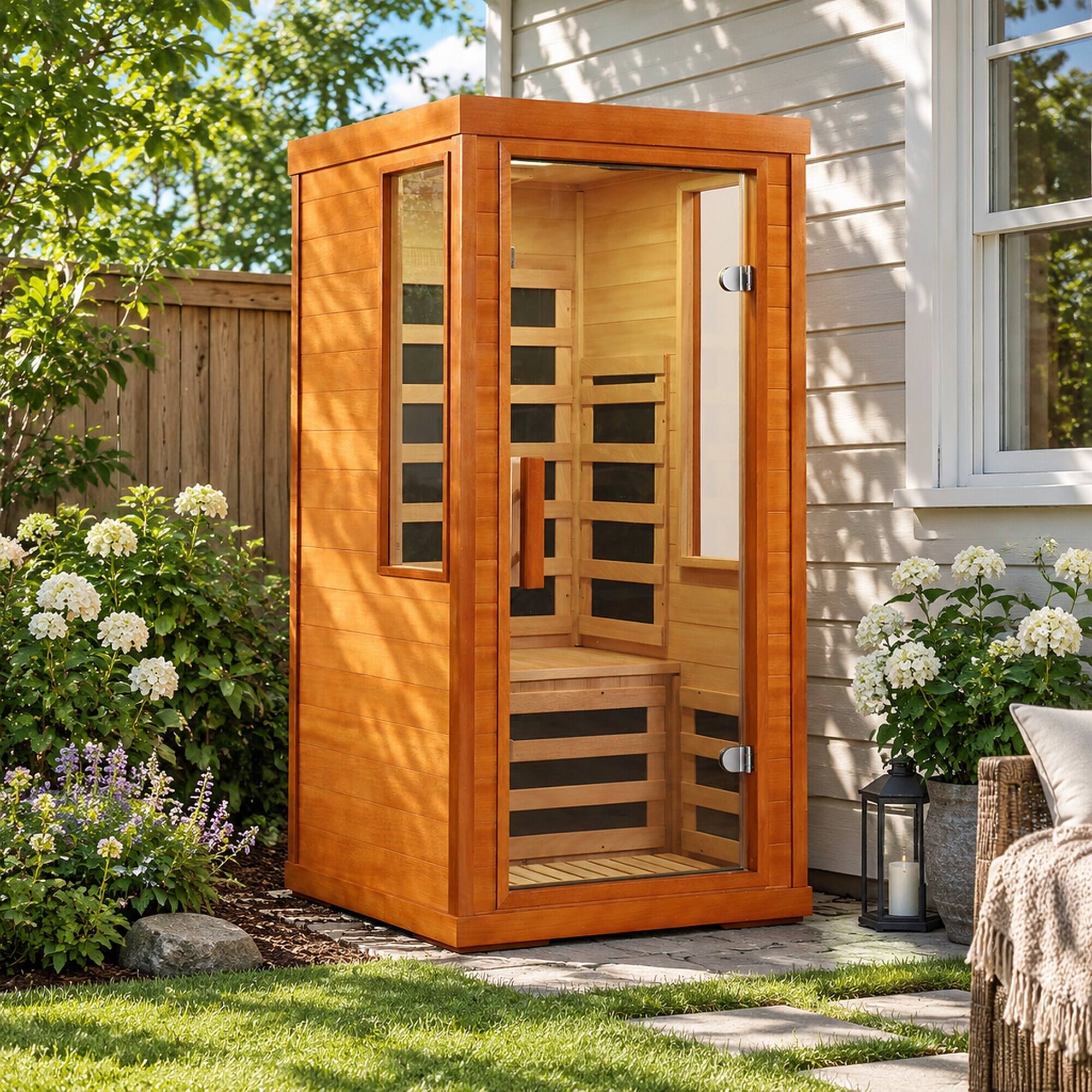 Alt View 2. RYHNUYNE - One Person Far Infrared Sauna, 31.5 x 31.5 x 63.3 in, Okoume Wood, Tempered Glass Door, Bluetooth Audio and 7-Color - Red.