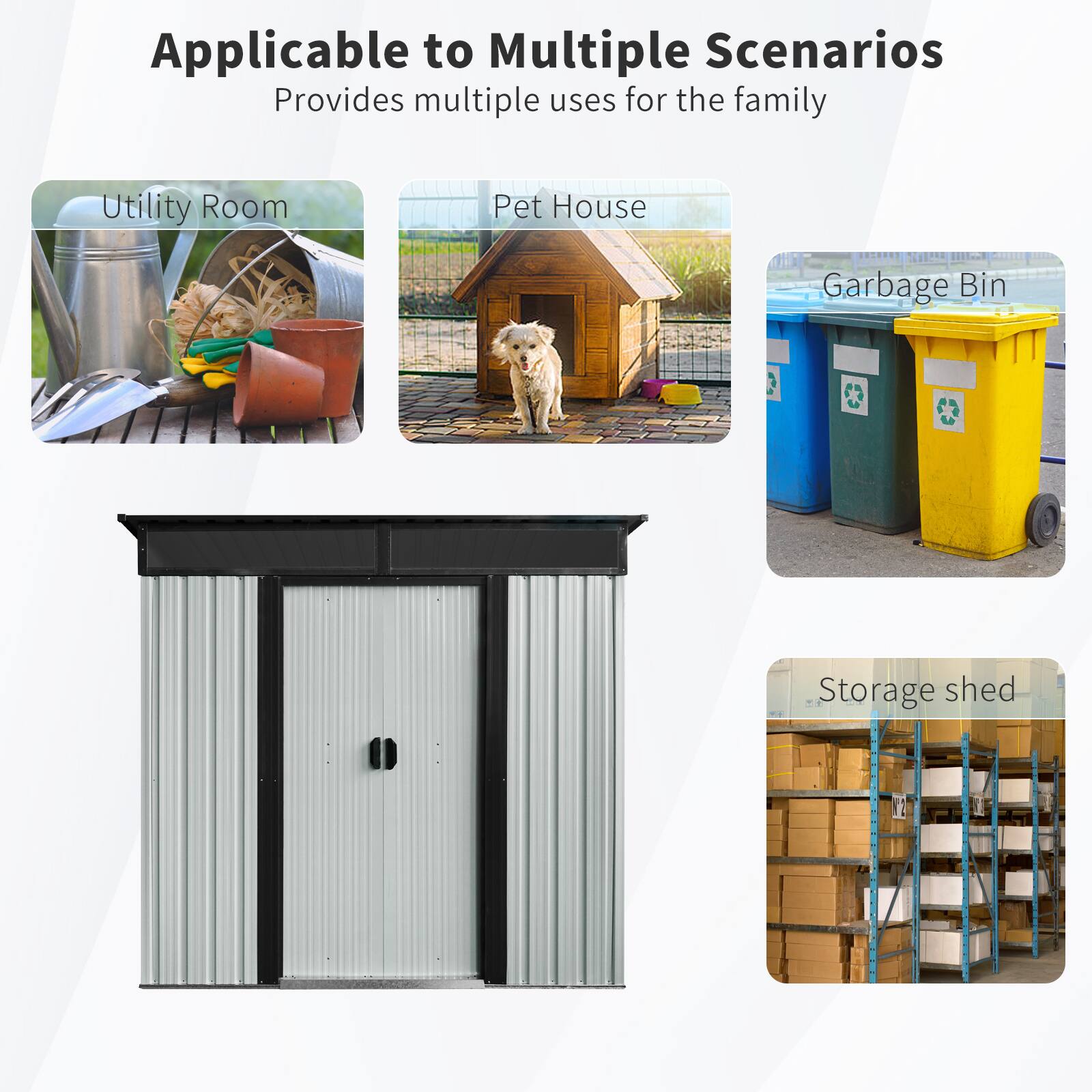 Applicable to Multiple Scenarios  
Provides multiple uses for the family  

- Utility Room  
- Pet House  
- Garbage Bin  
- Storage shed