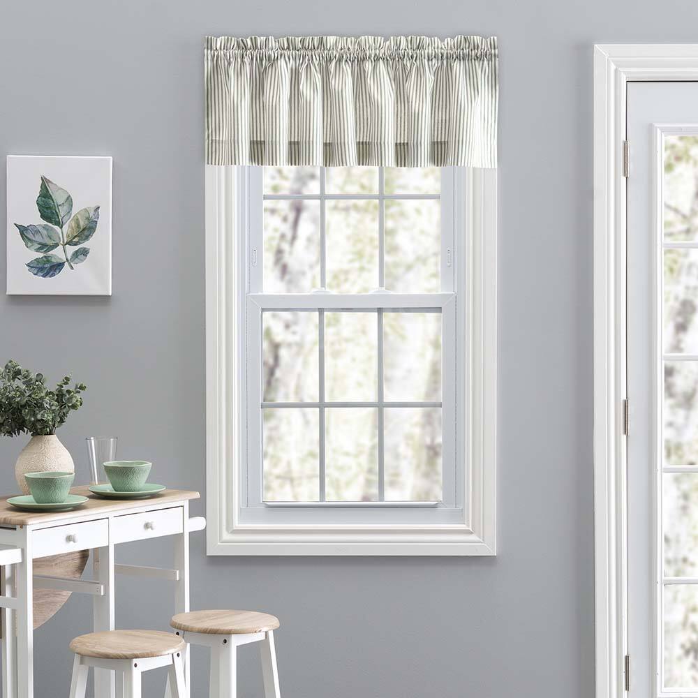 Angle. Ellis Curtain - Ellis Curtain Plaza Classic Ticking Stripe Printed on 1.5" Rod Pocket Natural Ground Tailored Valance 58" x 15" Sage - Sage.