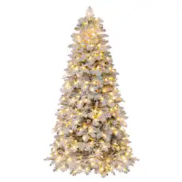 Gymax - 7 FT Pre-Lit Artificial Christmas Tree Hinged Snow Flocked Xmas Tree w/ 806 Mixed Branch Tips - Green, White
