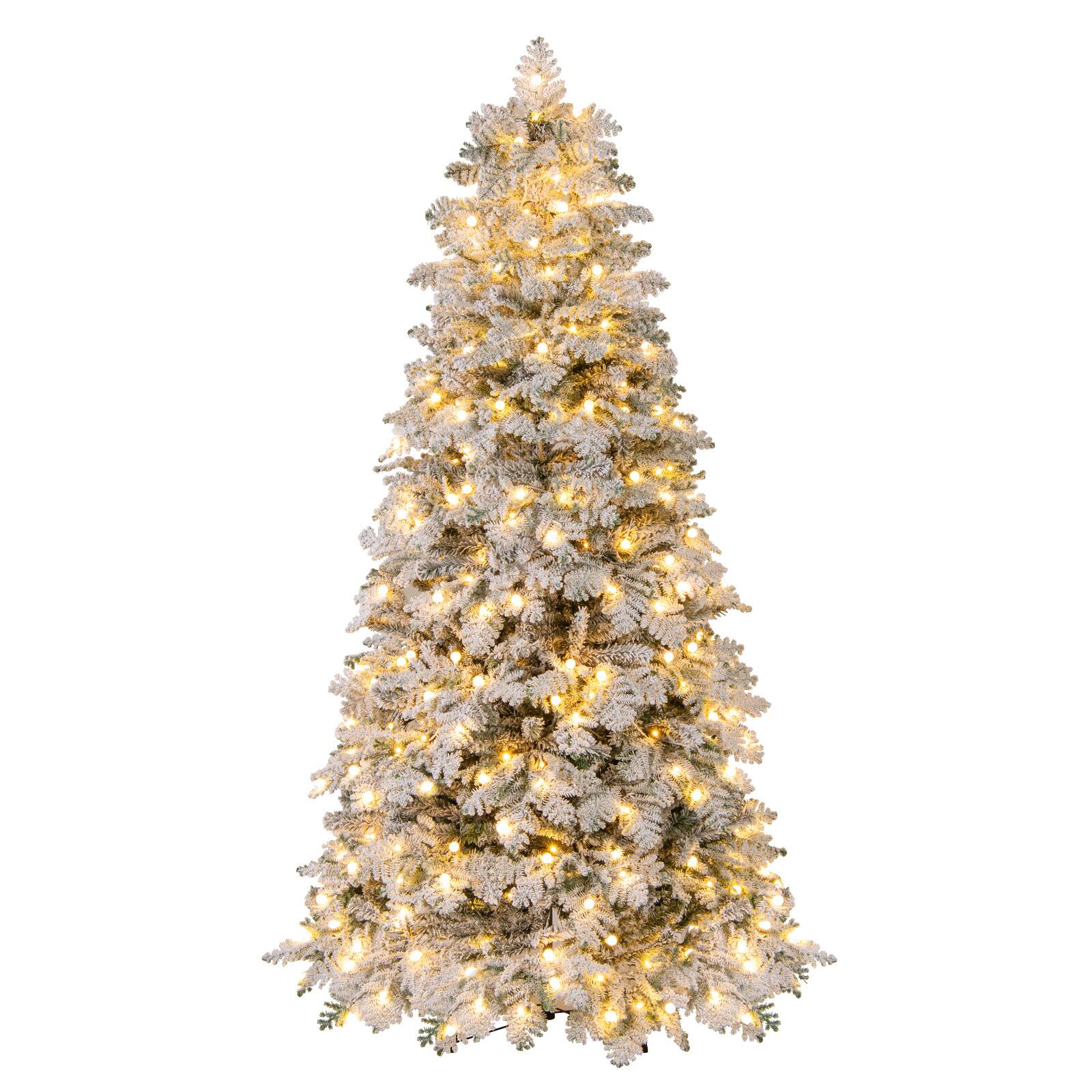 Front. Gymax - Gymax 7 FT Pre-Lit Artificial Christmas Tree Hinged Snow Flocked Xmas Tree w/ 806 Mixed Branch Tips - Green, White.