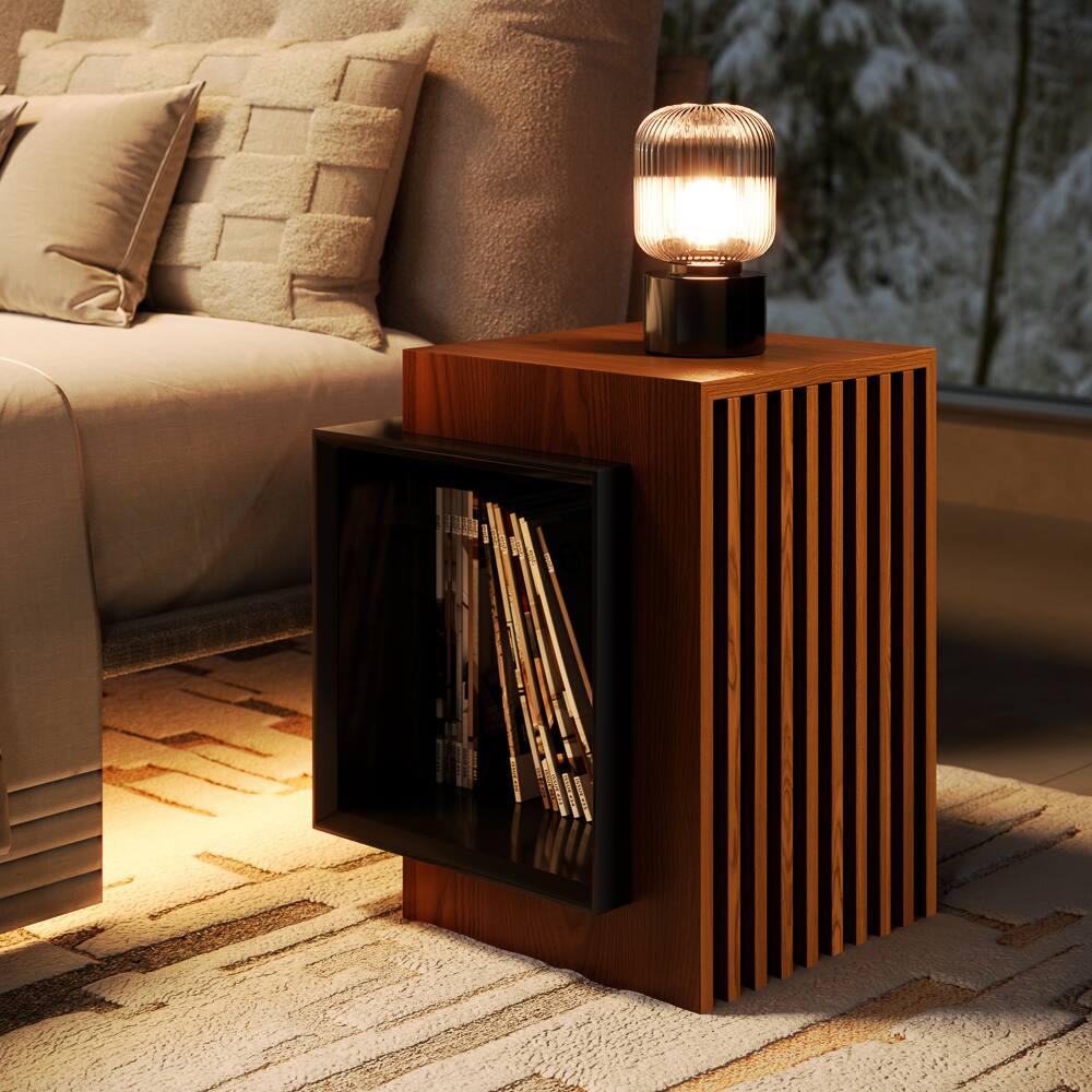 Alt View 1. POVISON - 18" Modern Wood Side Table with Storage, Minimalist Square Fluted End Table, Walnut & Black - Walnut & Black.