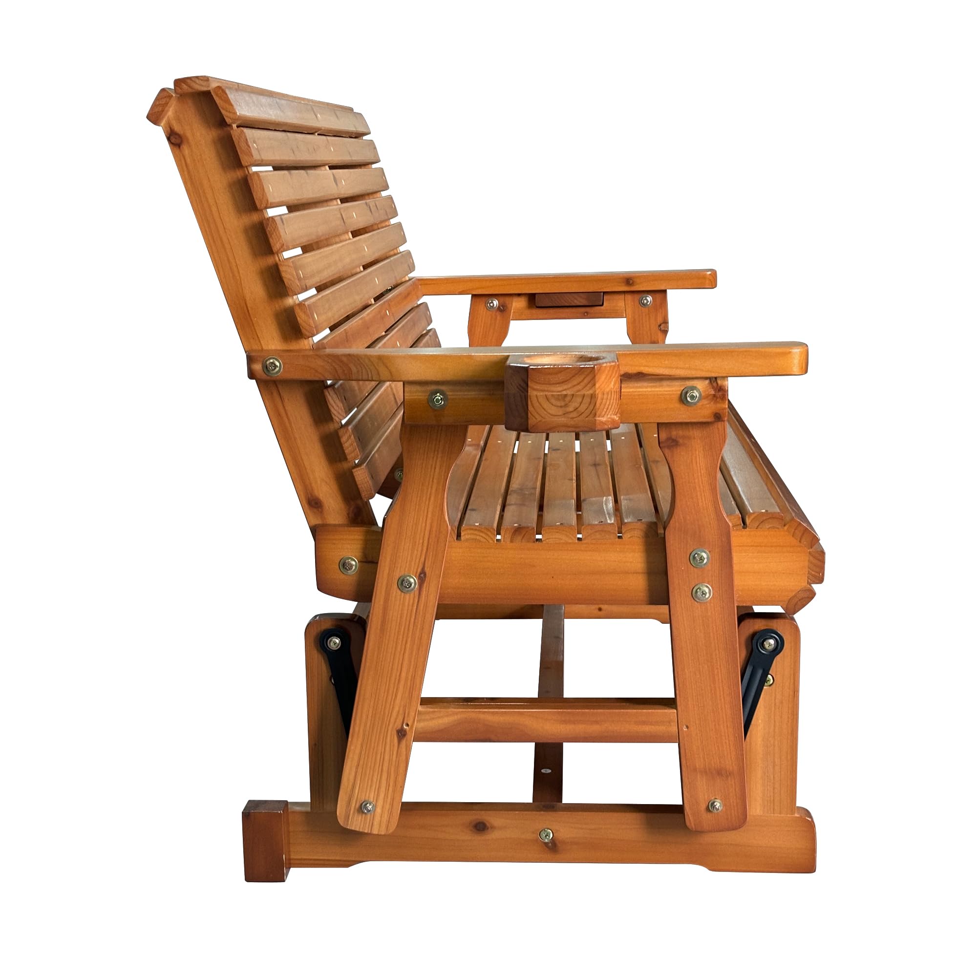 Left. Fortune Candy - Wooden Patio Glider with Cup Holders, High Roll Back and Deep Contoured Seat, Heavy Duty 800 Lb (2-Seater) - Teak Tone.