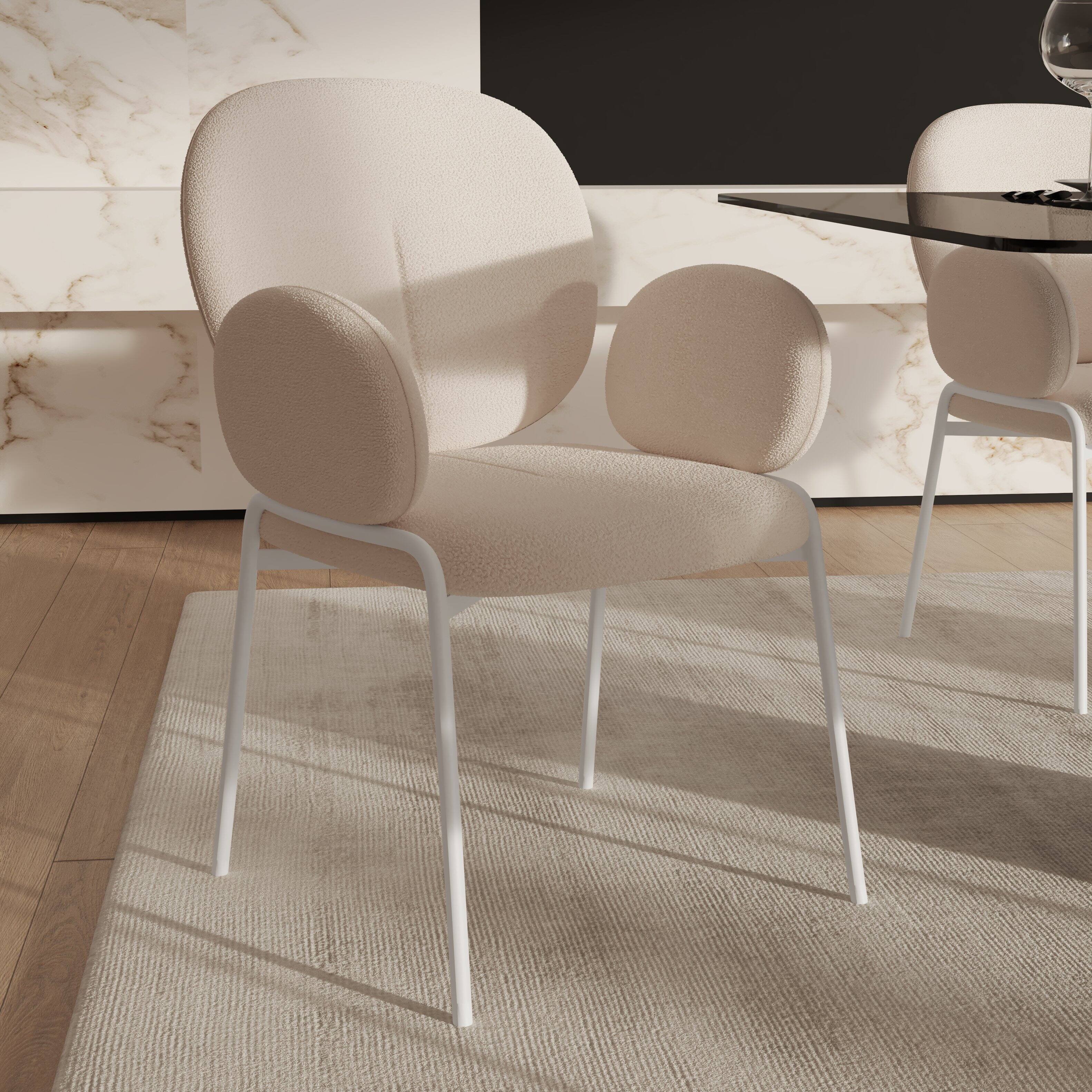 Angle. LeisureMod - Celestial Modern Boucle Dining Chair with Arms, Textured Fabric Upholstered Armchair - White Metal Frame Kitchen Chair - White.