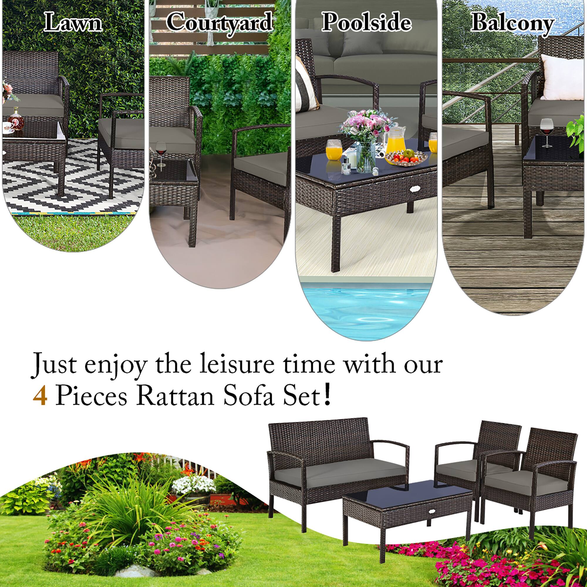 Just enjoy the leisure time with our 4 Pieces Rattan Sofa Set! Lawn Courtyard Poolside Balcony
