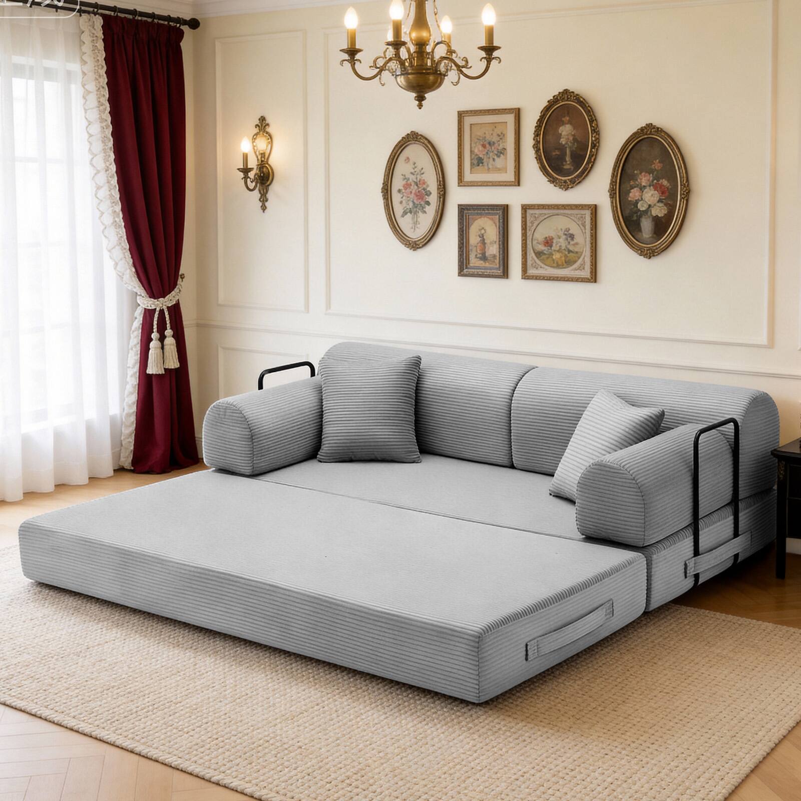 Back. Anysun - Corduroy Convertible Sleeper Sofa Bed - Folding Mattress Couch with Fixed Frame for Living Room & Bedroom - Light Grey.