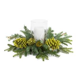 BreeBe - Mixed Winter Pine Cone Candle Holder with Glass Hurricane 18"D - Green, Clear
