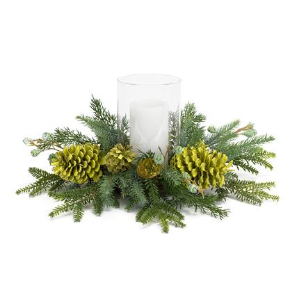 Front. BreeBe - Mixed Winter Pine Cone Candle Holder with Glass Hurricane 18"D - Green, Clear.