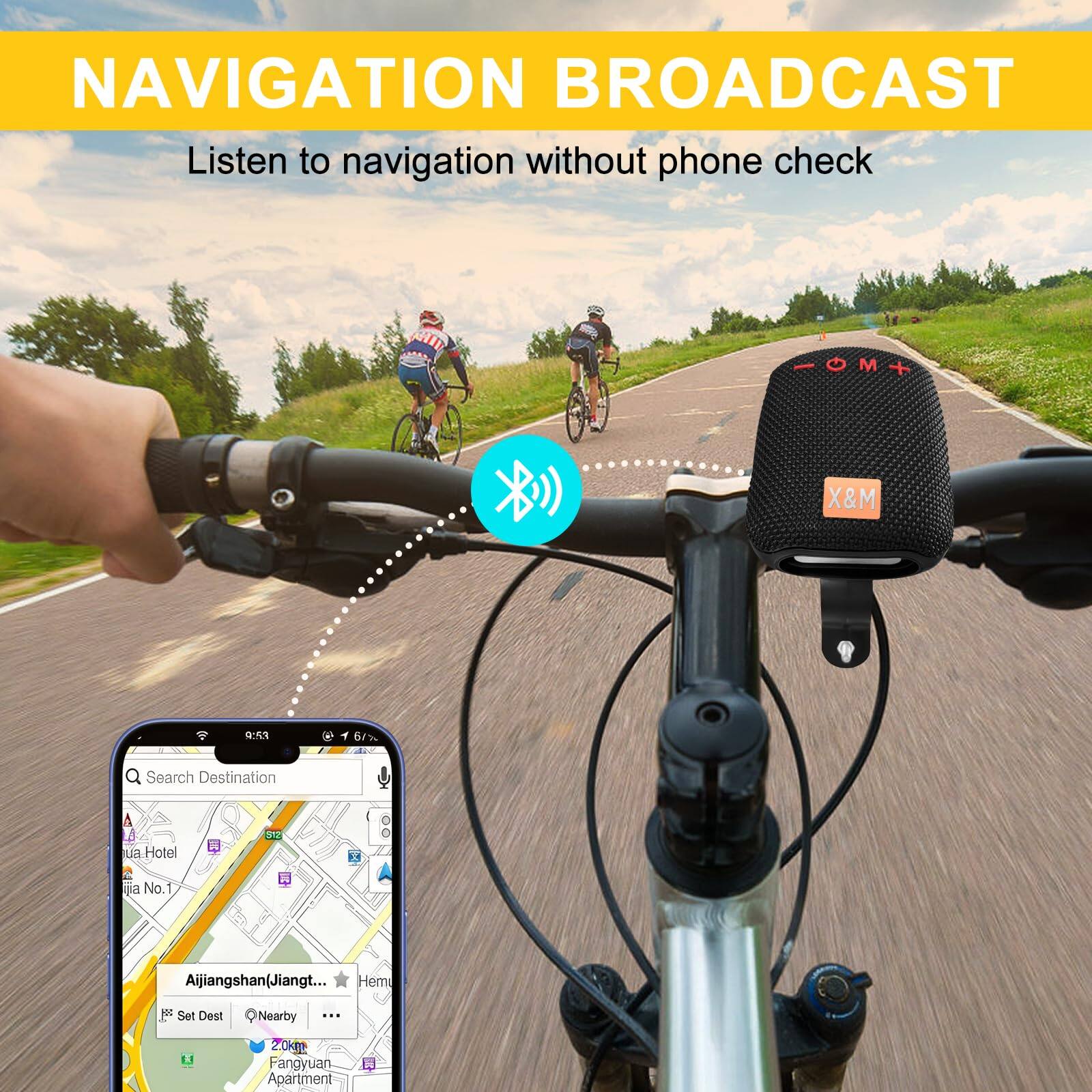 NAVIGATION BROADCAST  
Listen to navigation without phone check  

X&M GS 6r%  

Search Destination  
Aijiangshan(Jiangt...)  
Set Dest  
Nearby  
2.0km  
Fangyuan Apartment