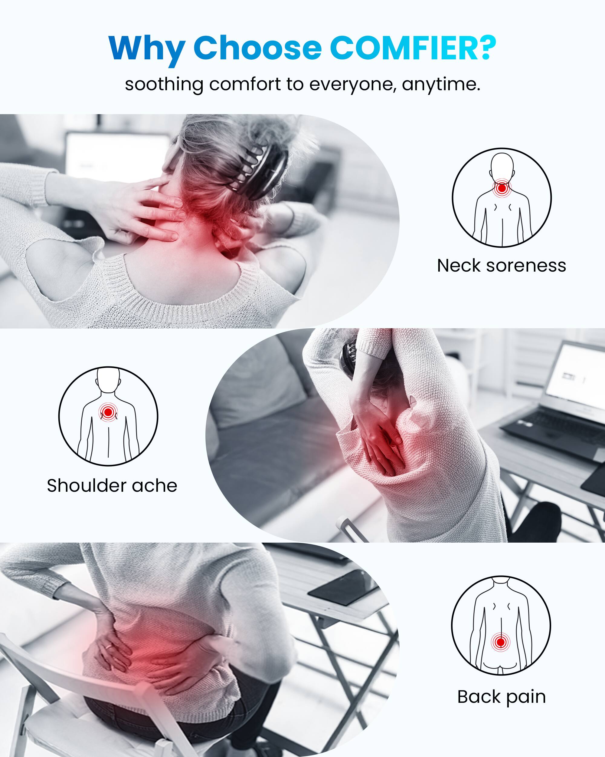 Why Choose COMFIER? soothing comfort to everyone, anytime.

- Neck soreness
- Shoulder ache
- Back pain