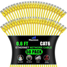 Maximm - Cat 6 Ethernet Cable 0.6 ft (50-Pack) - UTP, 10Gbps, 550MHz