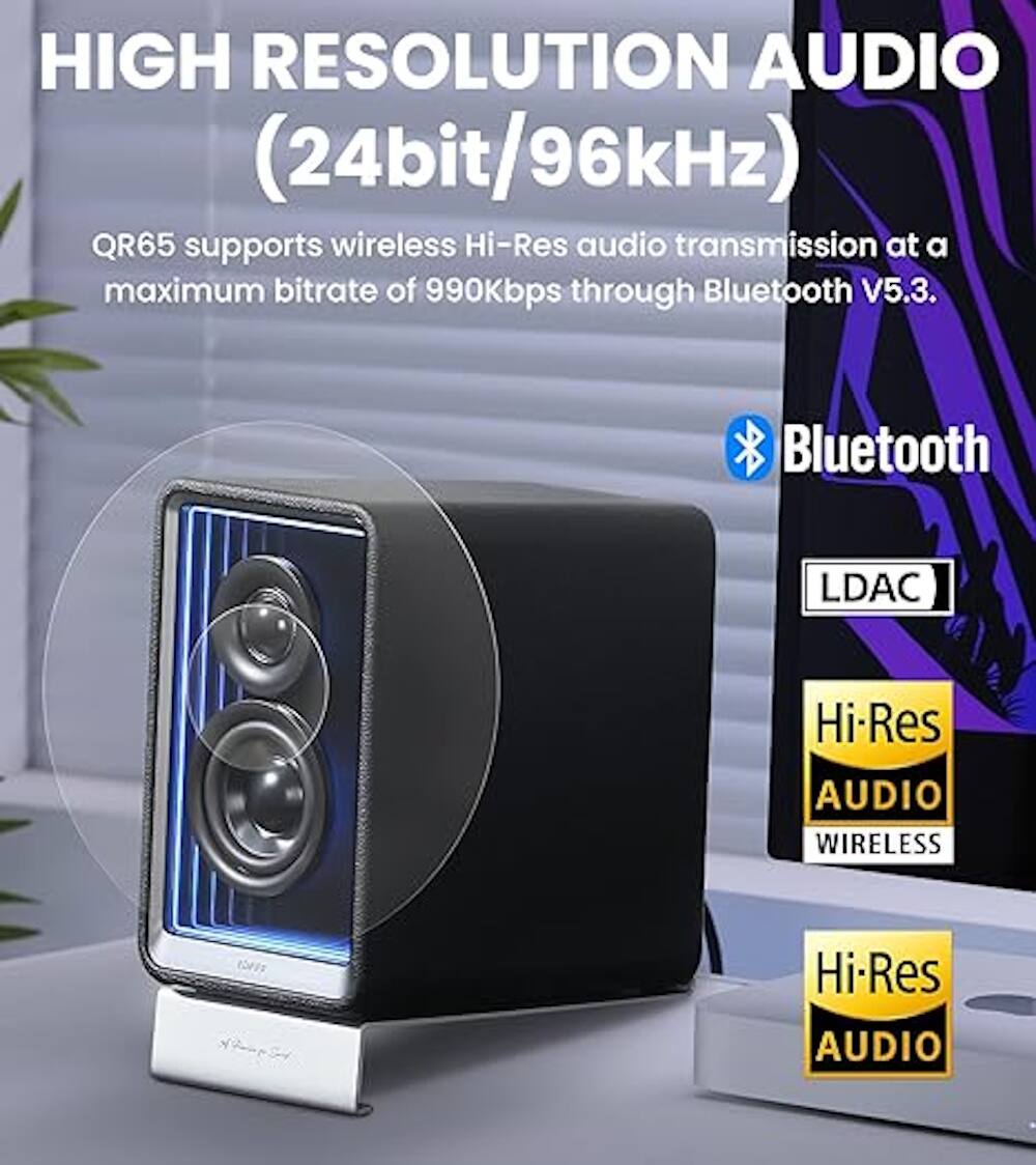HIGH RESOLUTION AUDIO (24bit/96kHz) QR65 supports wireless Hi-Res audio transmission at a maximum bitrate of 990Kbps through Bluetooth V5.3. Bluetooth LDAC Hi-Res AUDIO WIRELESS