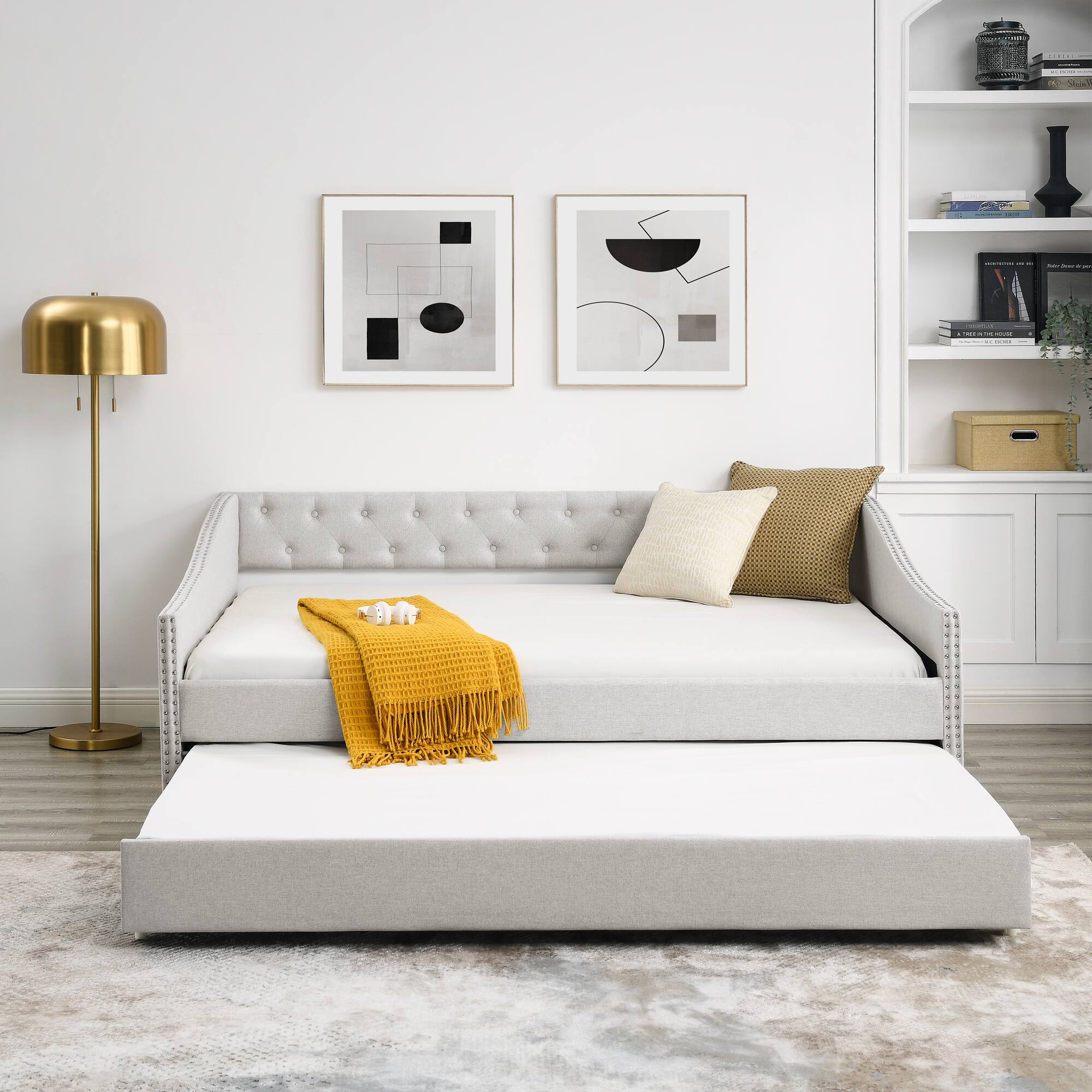 Back. Tiramisubest - Full Size Daybed with Twin Size Trundle Upholstered Tufted Sofa Bed, ,Beige (80.5"x55.5"x27.5") - Beige.