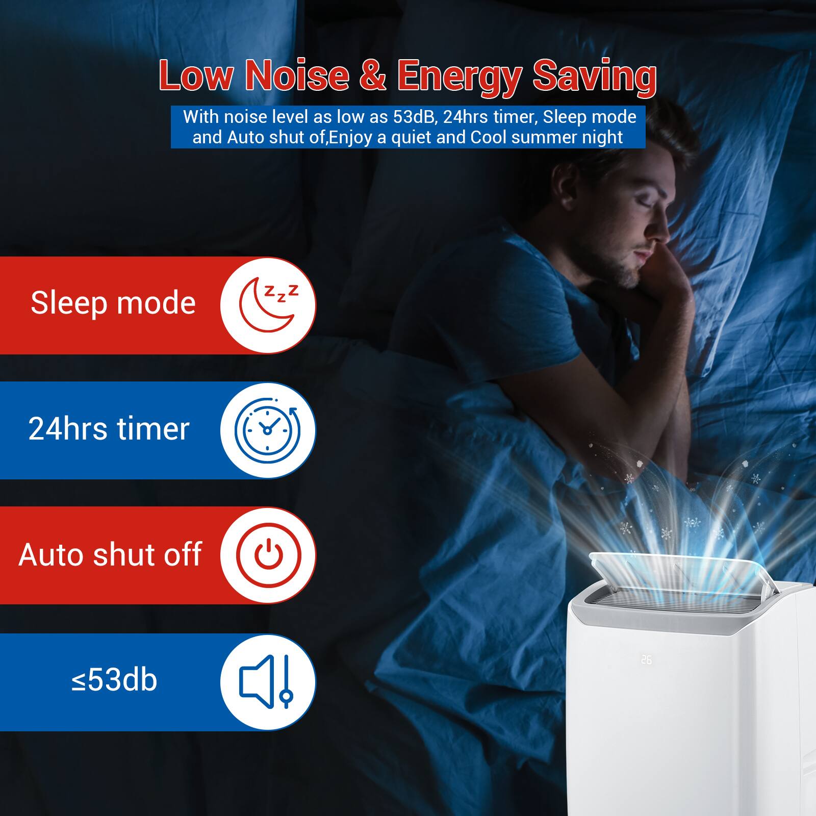 Low Noise & Energy Saving  
With noise level as low as 53dB, 24hrs timer, Sleep mode and Auto shut off, Enjoy a quiet and Cool summer night  

Sleep mode  
24hrs timer  
Auto shut off  
≤53dB